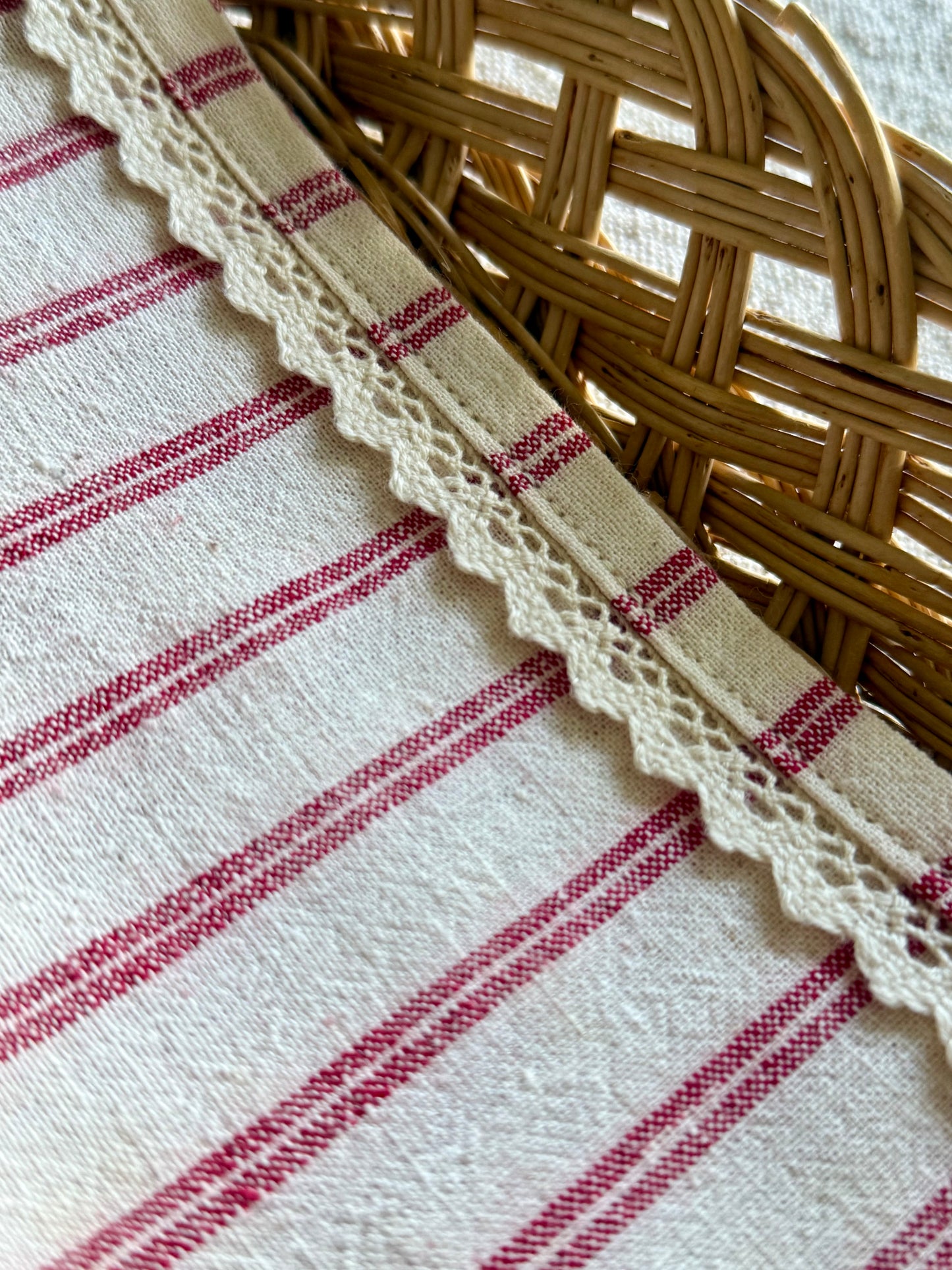 Vintage, handwoven cotton, lace trim towel.