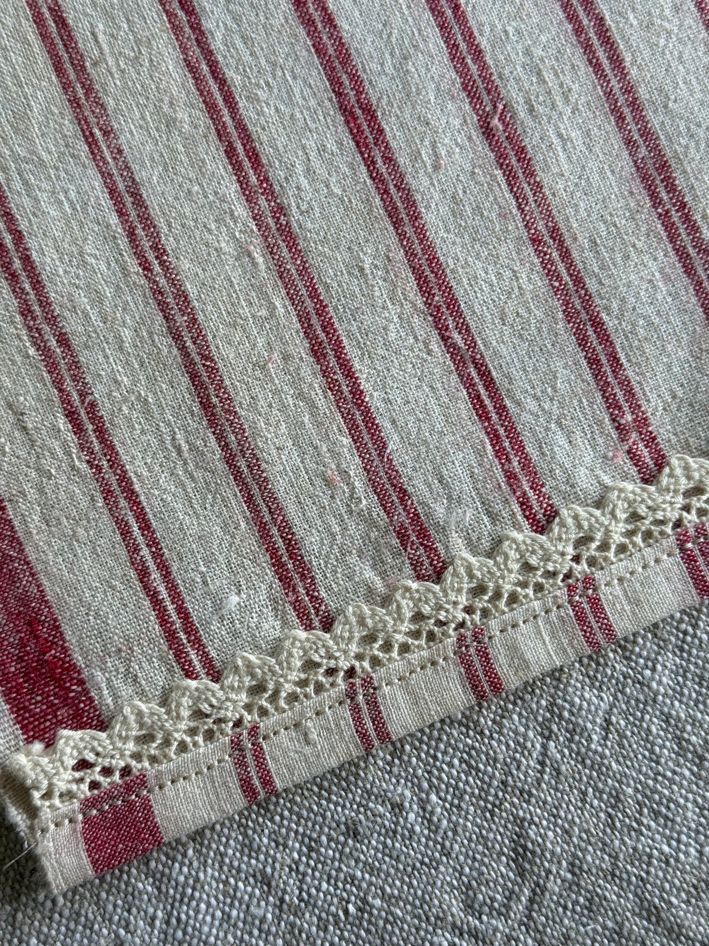 Vintage, handwoven cotton, lace trim towel.