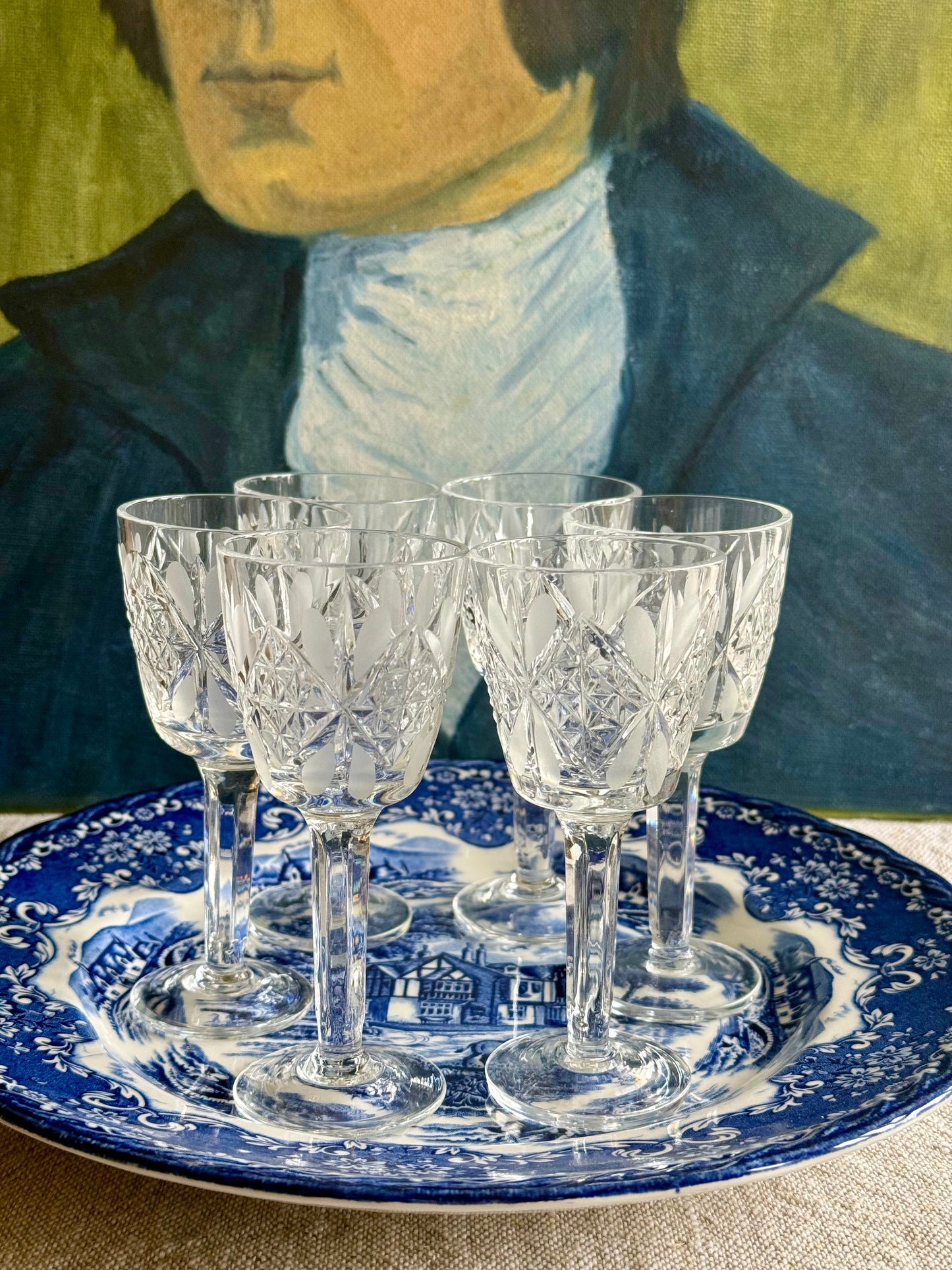 6 Vintage small crystal stemmed glasses.