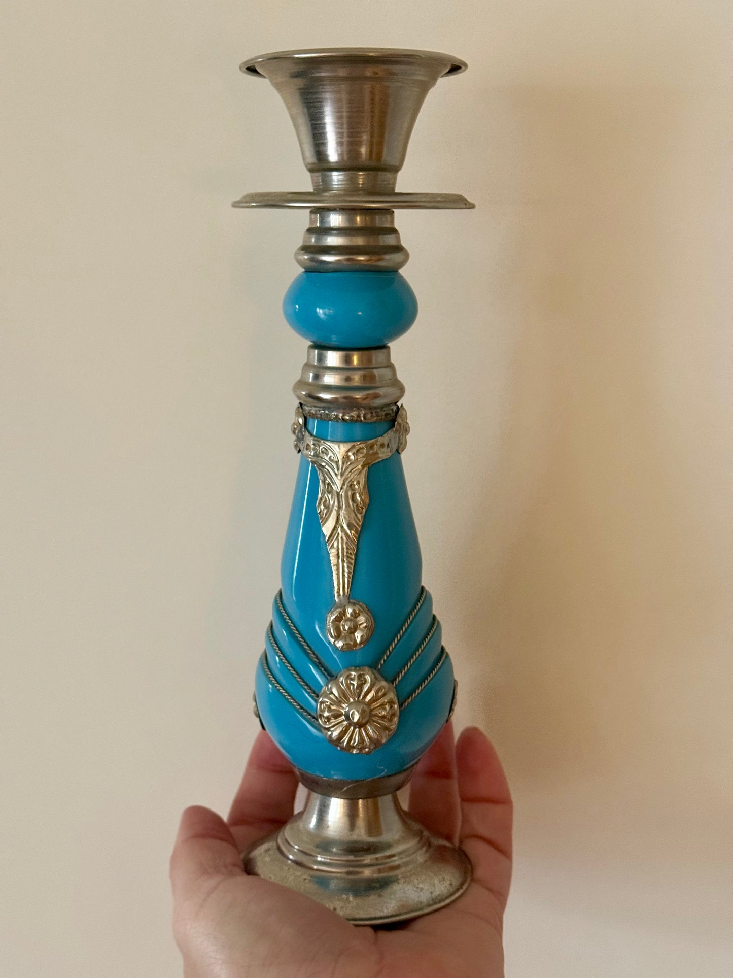 Vintage Turquoise Glass & Silver-Plated Candlesticks β Pair (Mid-Century European Design)