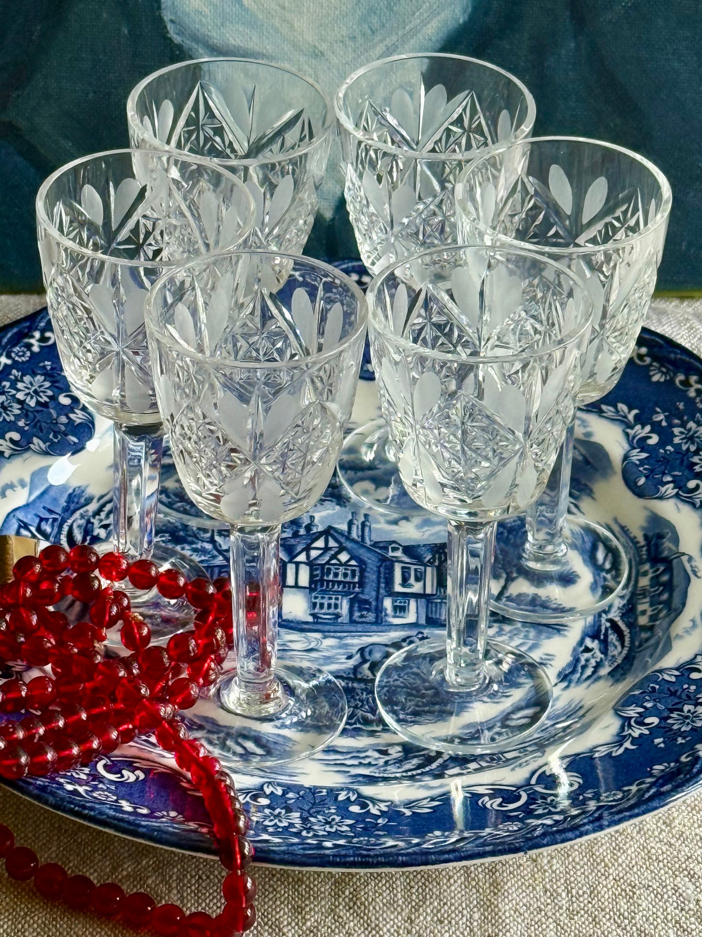 6 Vintage small crystal stemmed glasses.