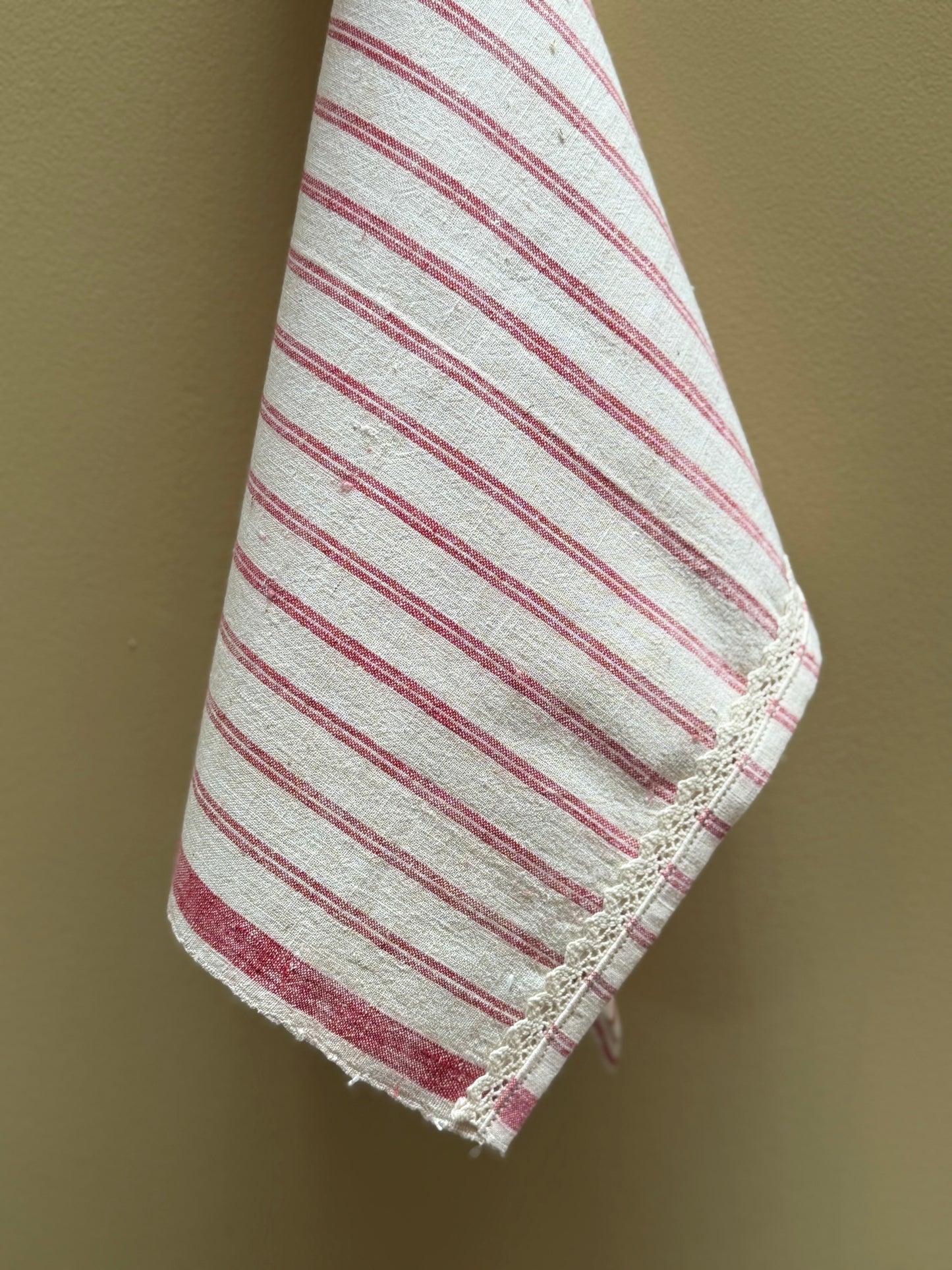 Vintage, handwoven cotton, lace trim towel.