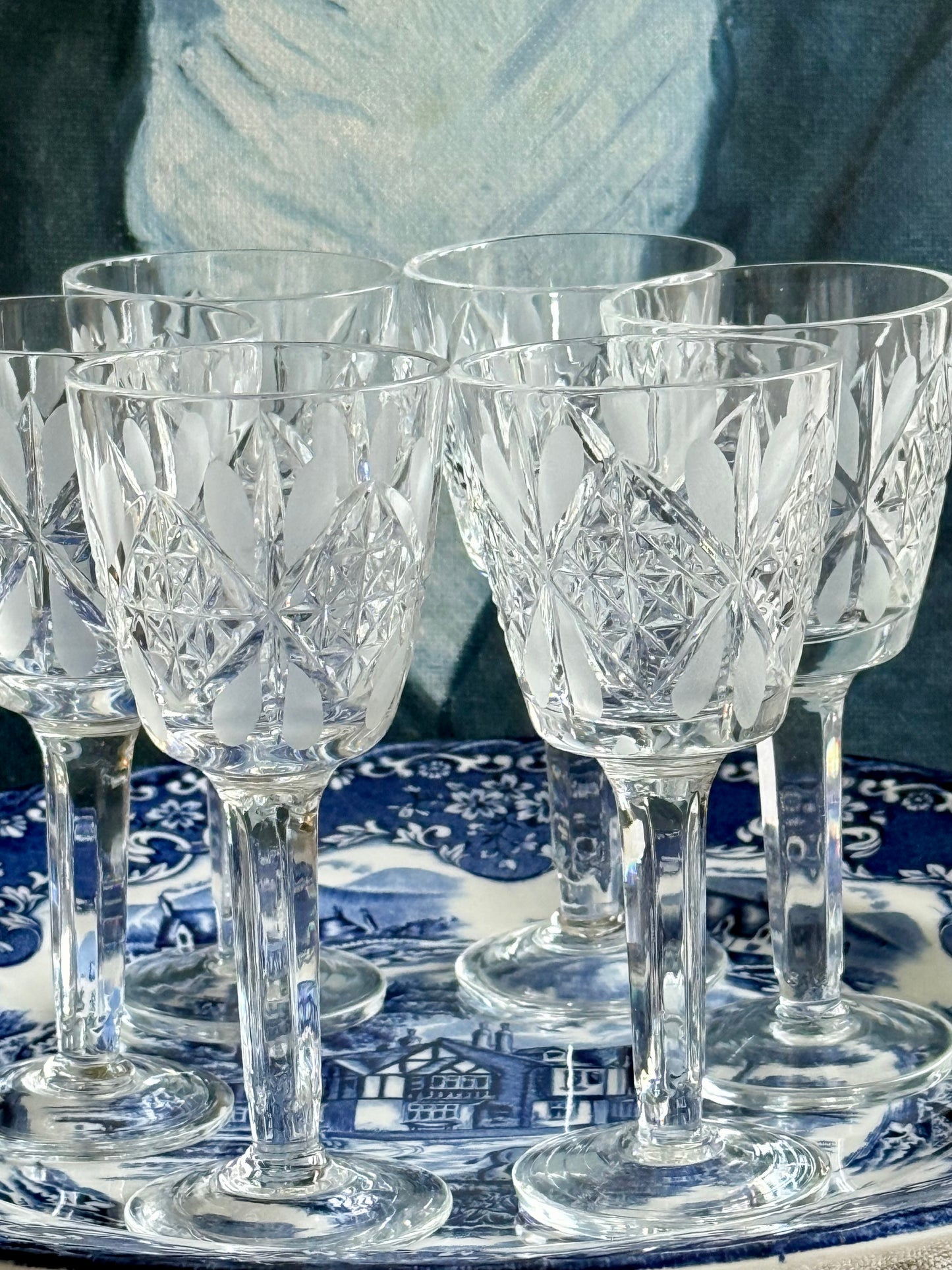 6 Vintage small crystal stemmed glasses.