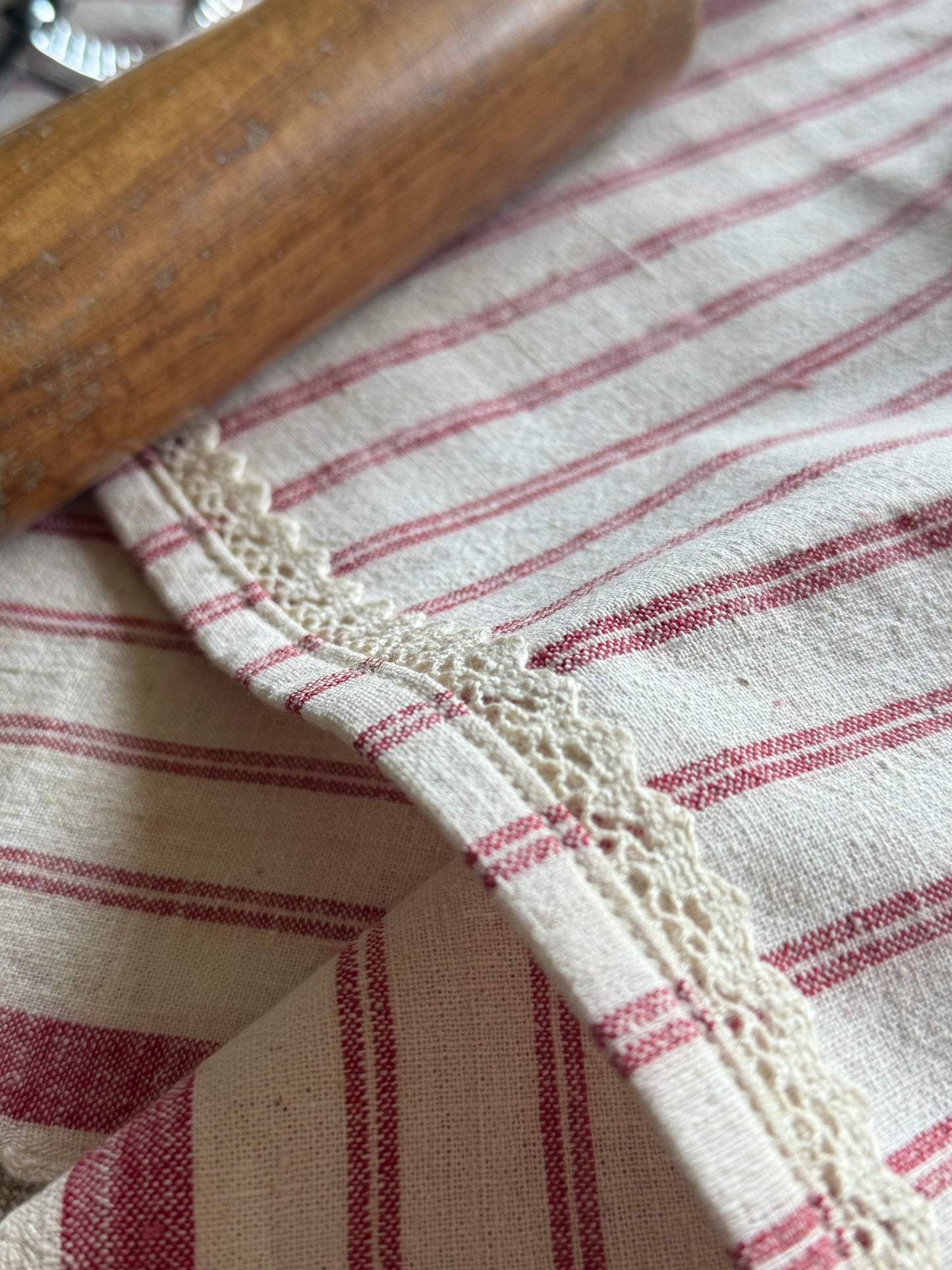 Vintage, handwoven cotton, lace trim towel.