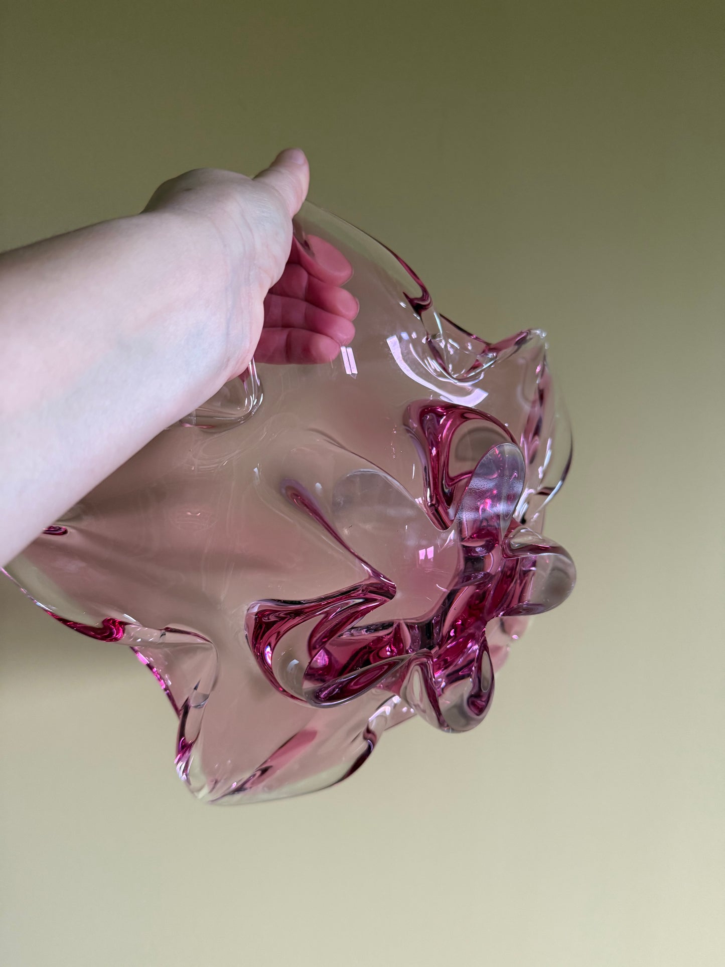 Beautiful, vintage, handmade heavy glass, pink star dish.