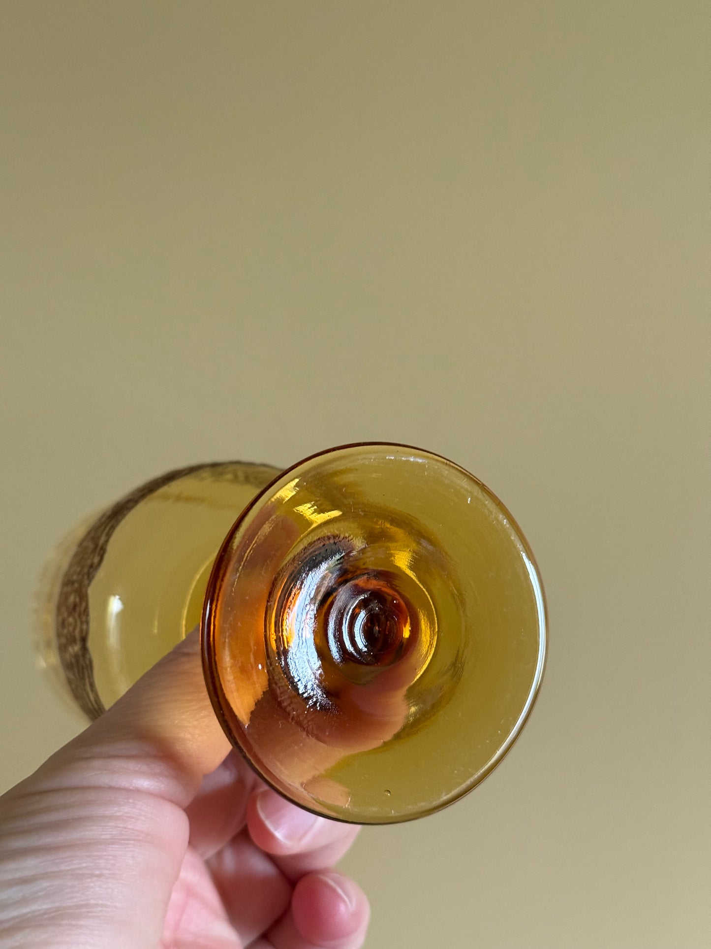 Vintage, amber, lace stemmed glasses.