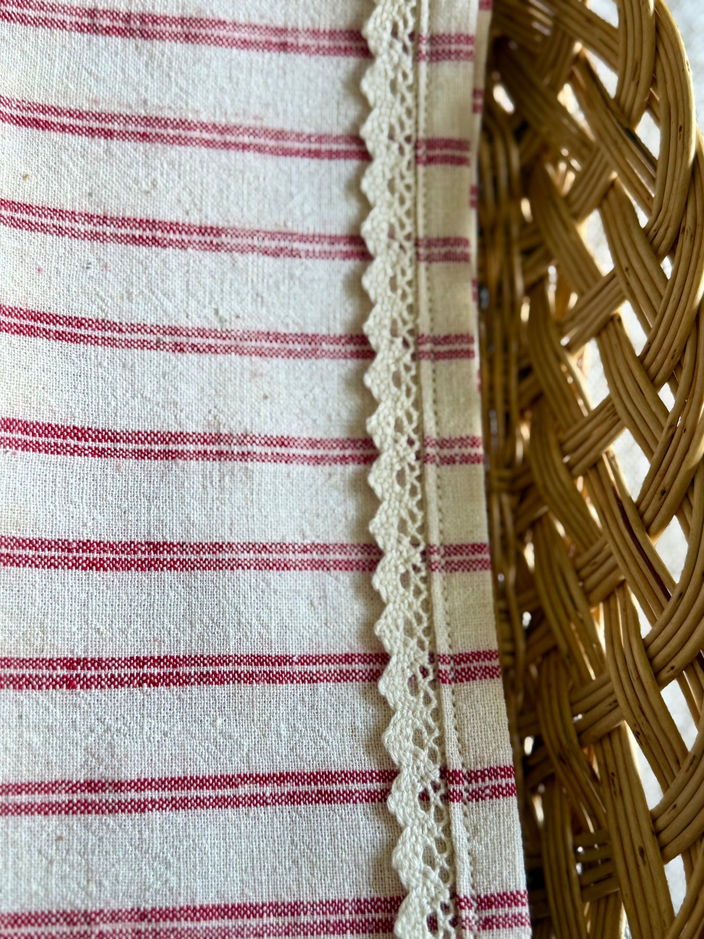 Vintage, handwoven cotton, lace trim towel.