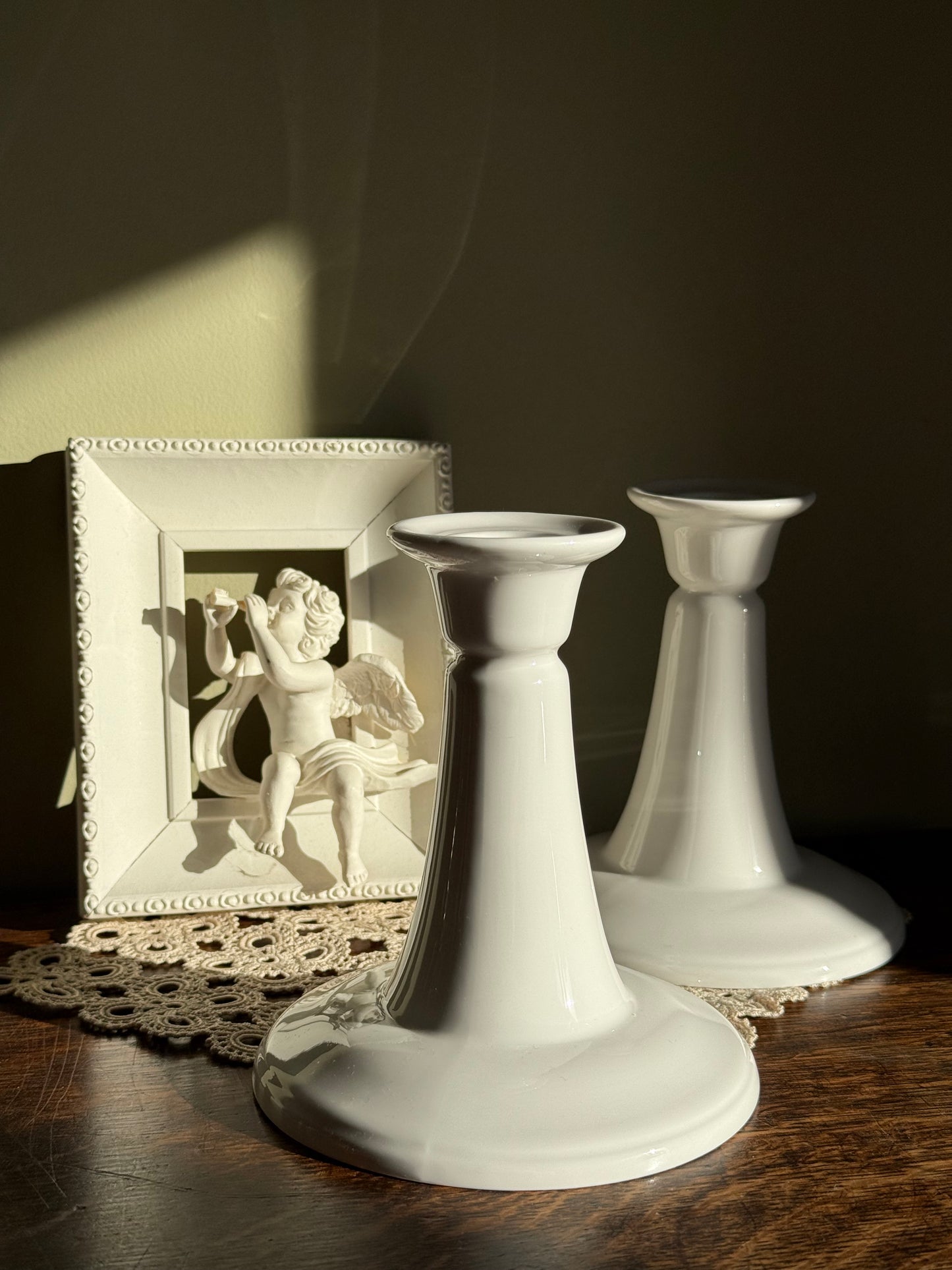 Vintage, milk white glass candlestick holders.
