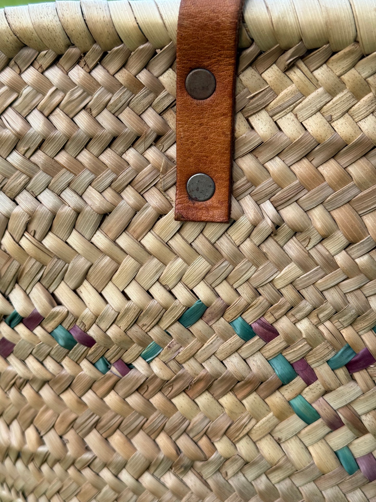 Vintage, genuine leather handles straw basket.
