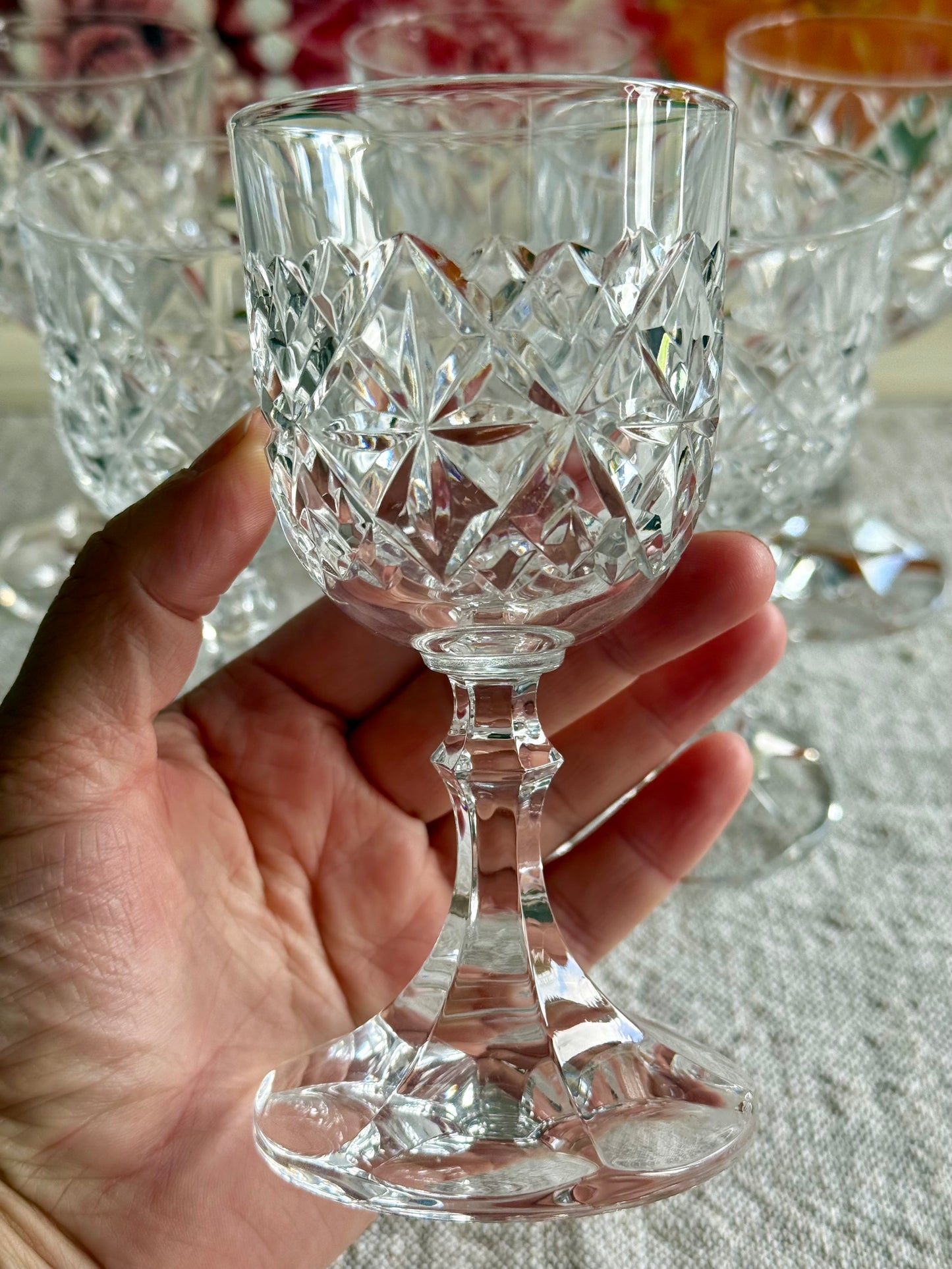 Vintage crystal sherry glasses.