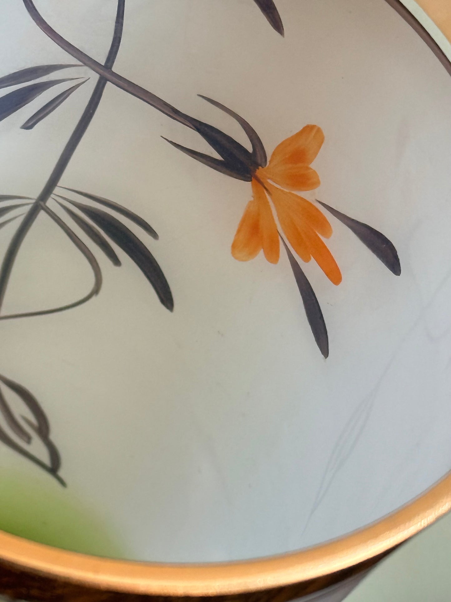 Vintage Frosted Glass Vase with Hand-Painted Flowers & Gold Rim – Mid Century Bohemian Style