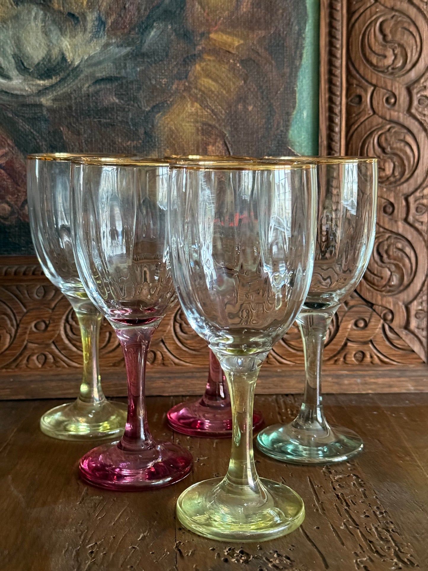 Vintage set of 5 wine stemmed glasses.