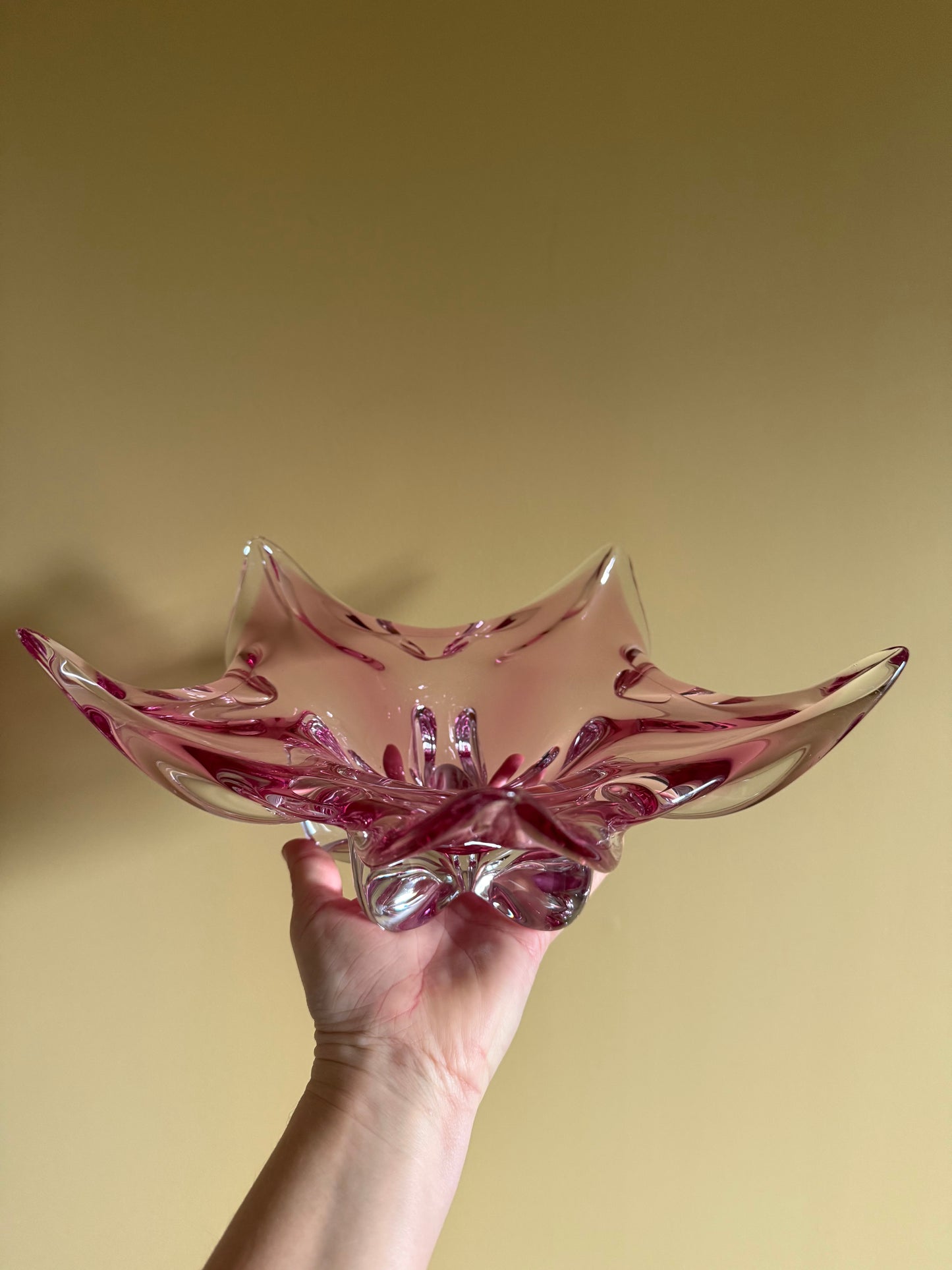 Beautiful, vintage, handmade heavy glass, pink star dish.
