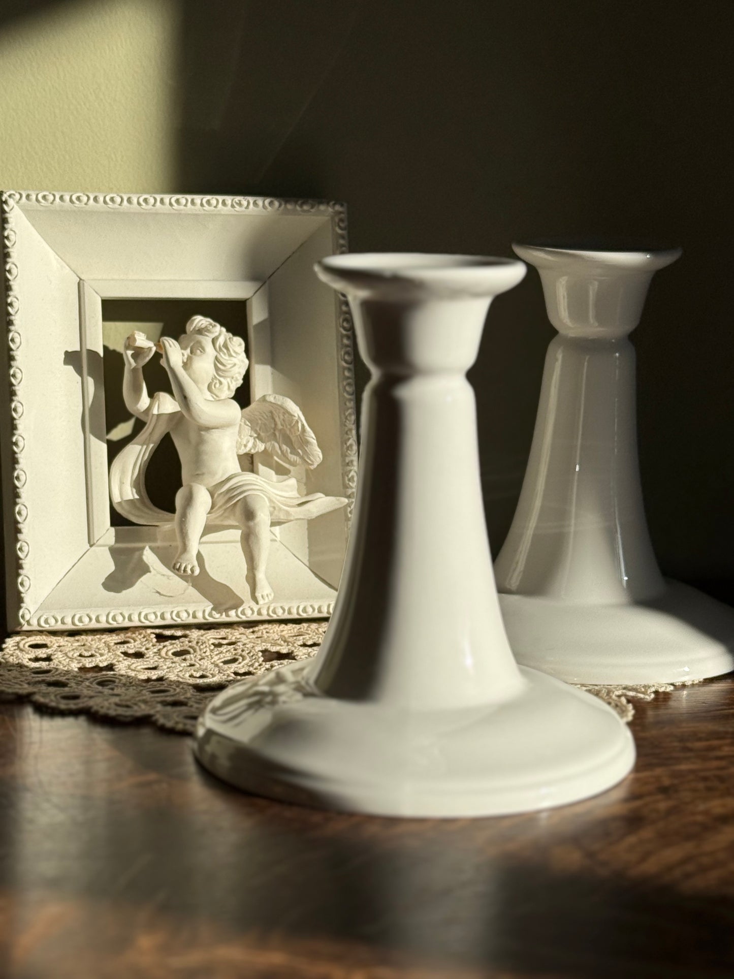 Vintage, milk white glass candlestick holders.