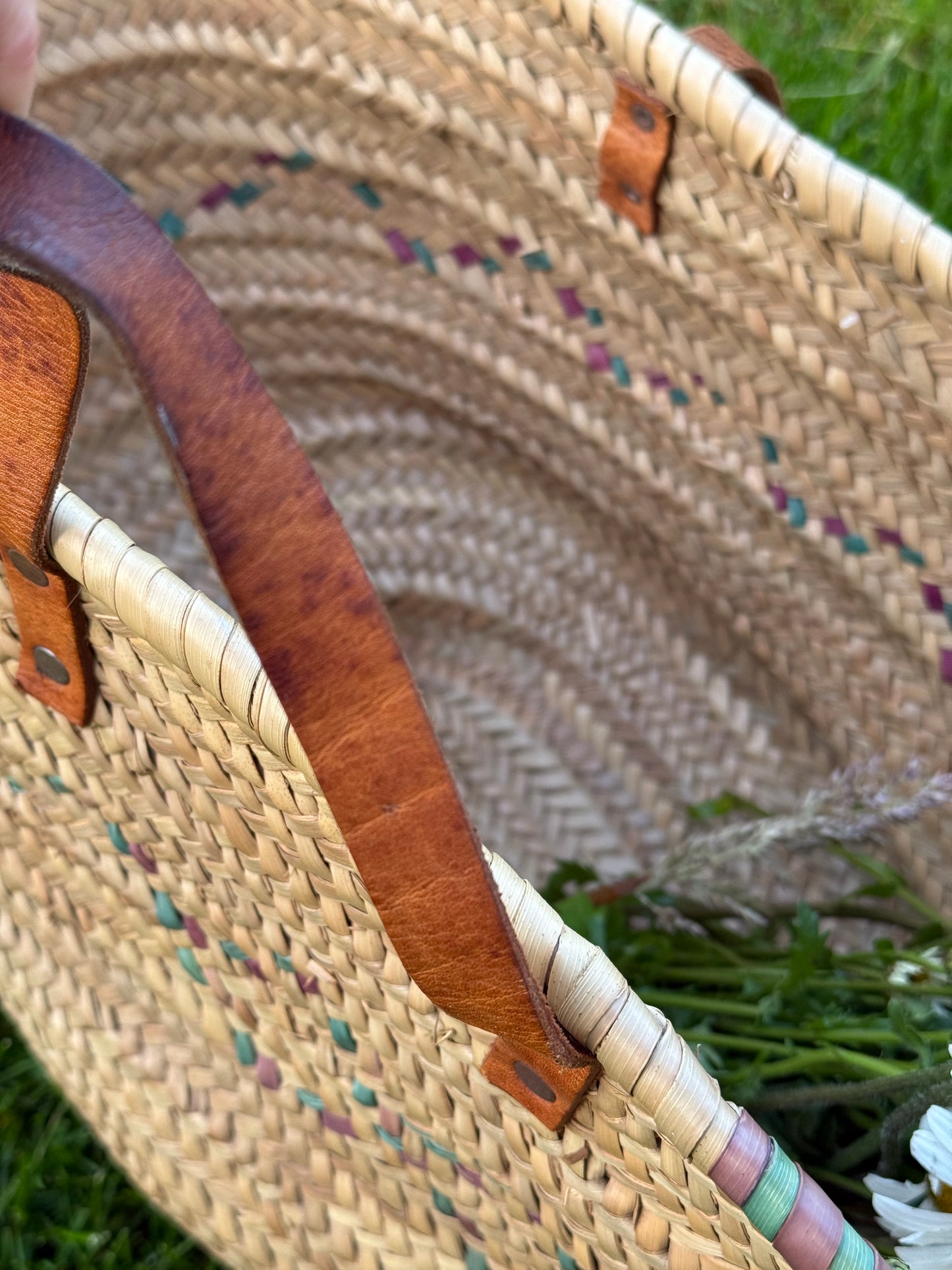 Vintage, genuine leather handles straw basket.