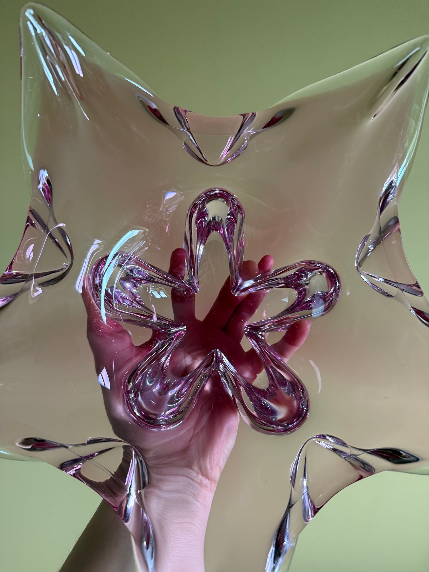 Beautiful, vintage, handmade heavy glass, pink star dish.