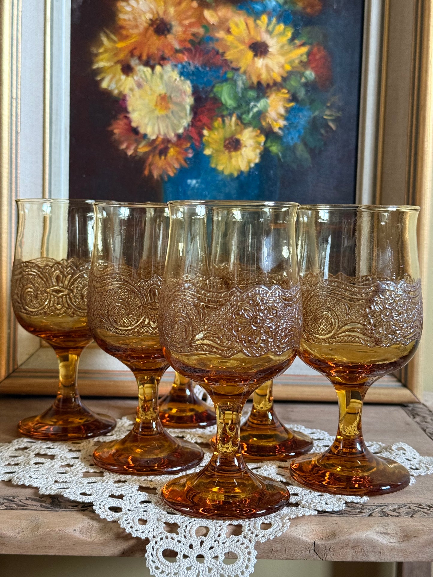Vintage, amber, lace stemmed glasses.