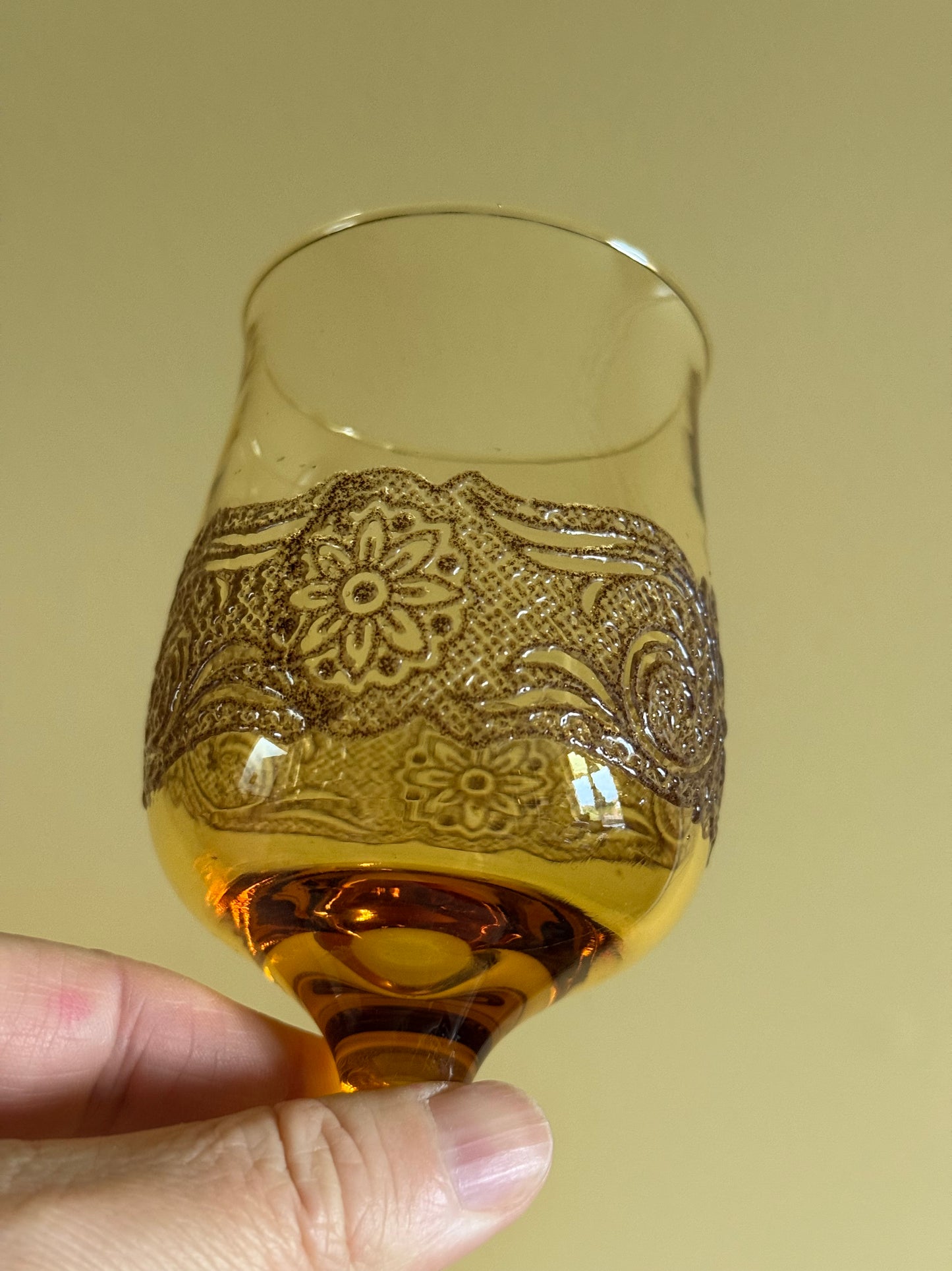 Vintage, amber, lace stemmed glasses.