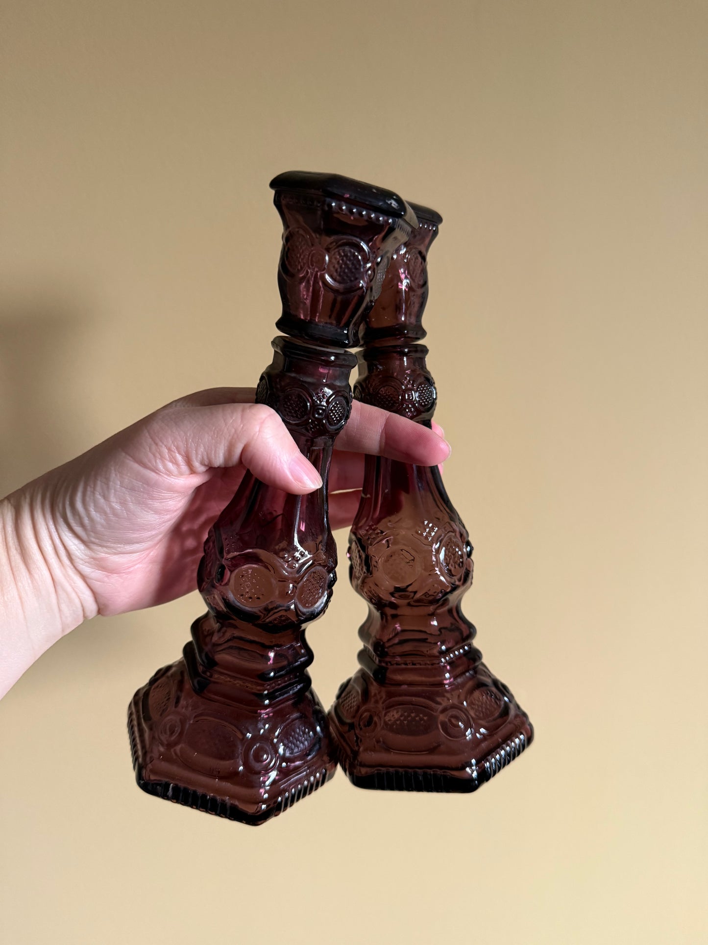Vintage, candlestick holders with small pitcher.
