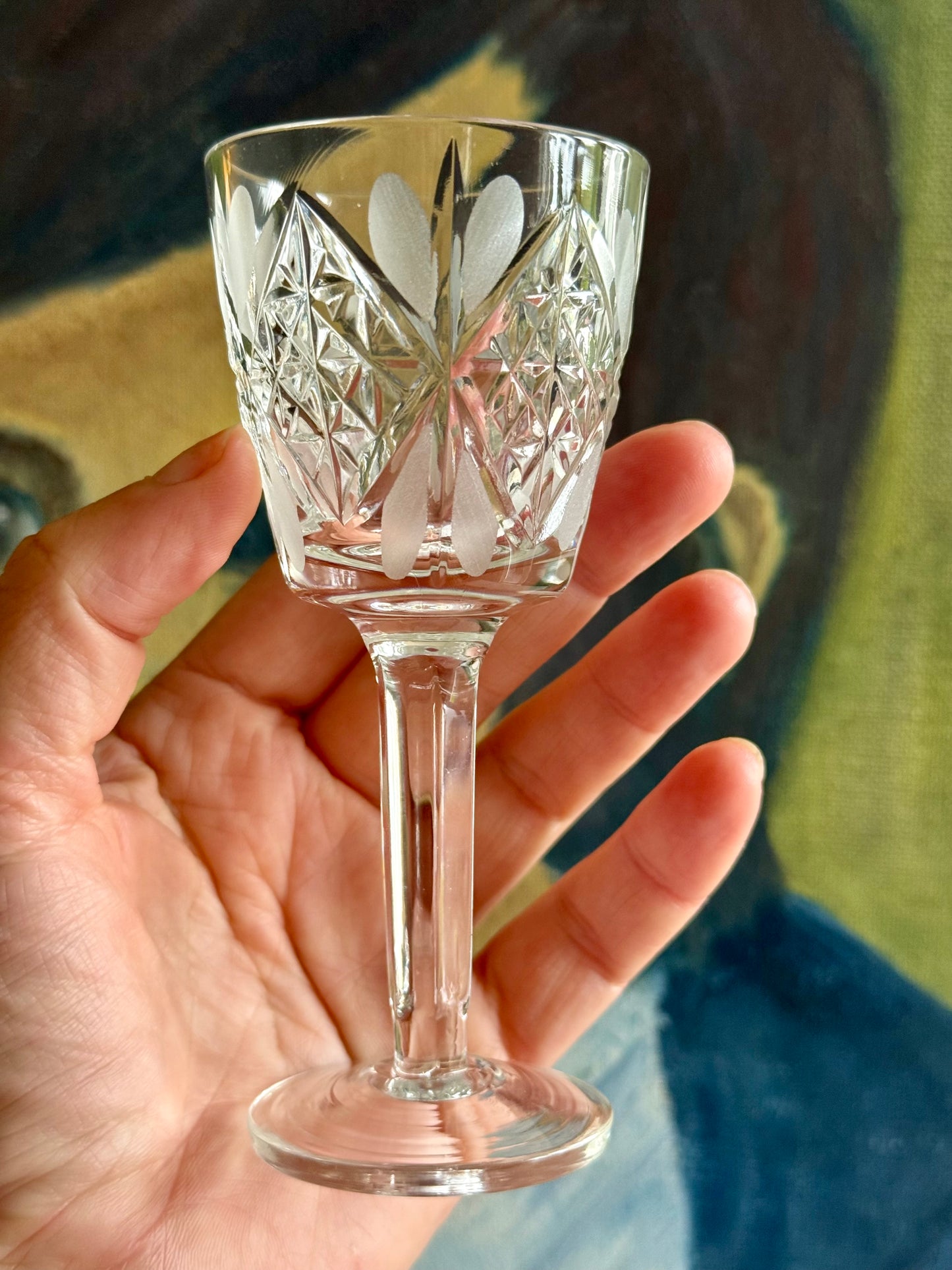 6 Vintage small crystal stemmed glasses.