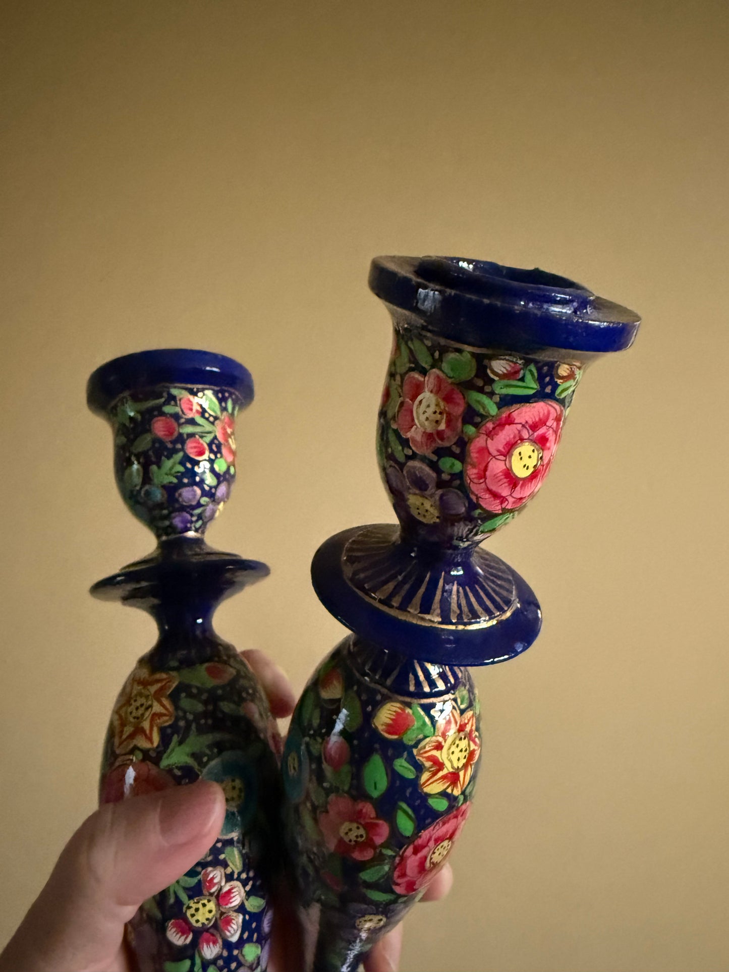 Stunning, Turkish handmade wooden candlestick holders.