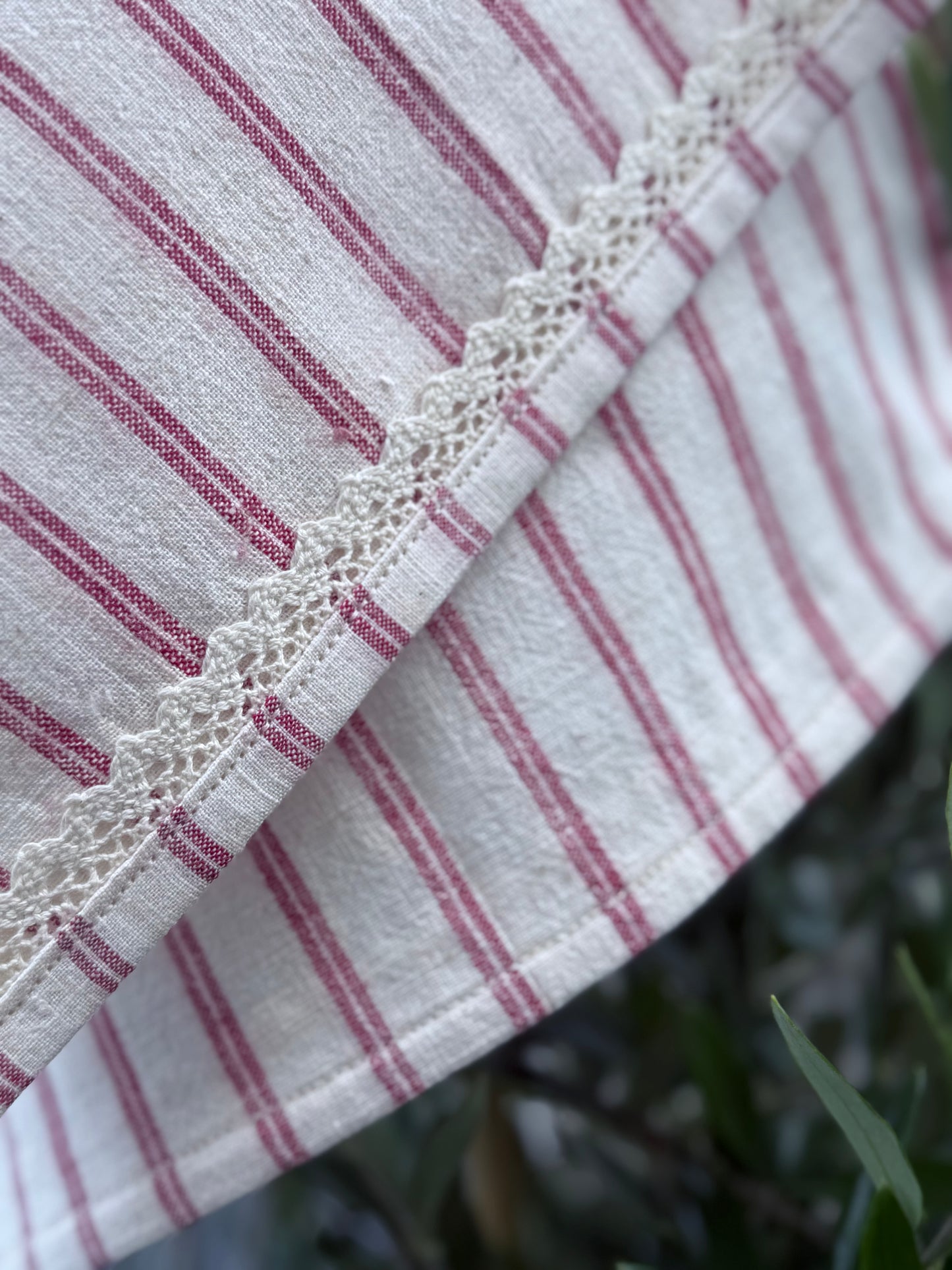 Vintage, handwoven cotton, lace trim towel.