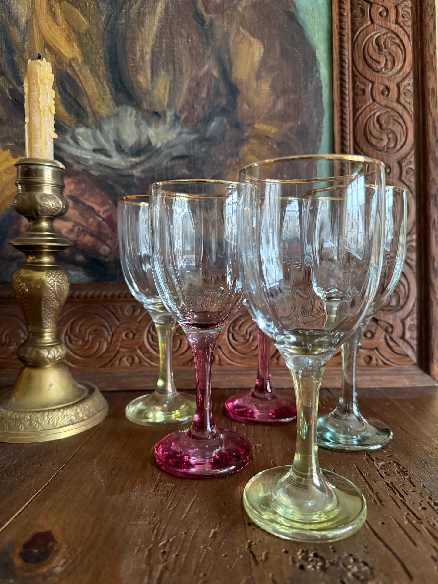 Vintage set of 5 wine stemmed glasses.