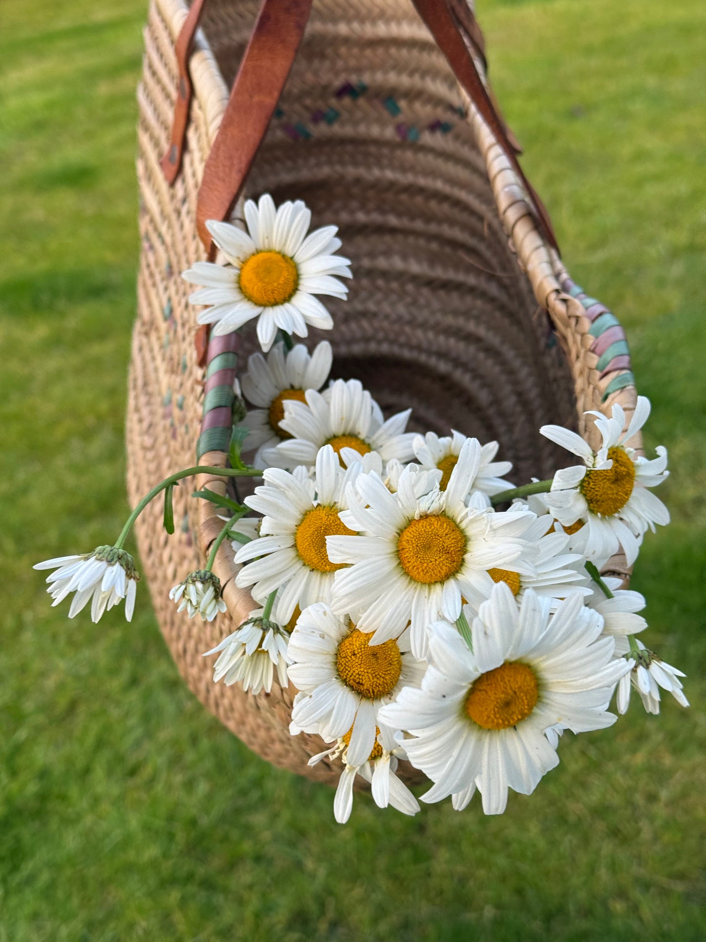 Vintage, genuine leather handles straw basket.