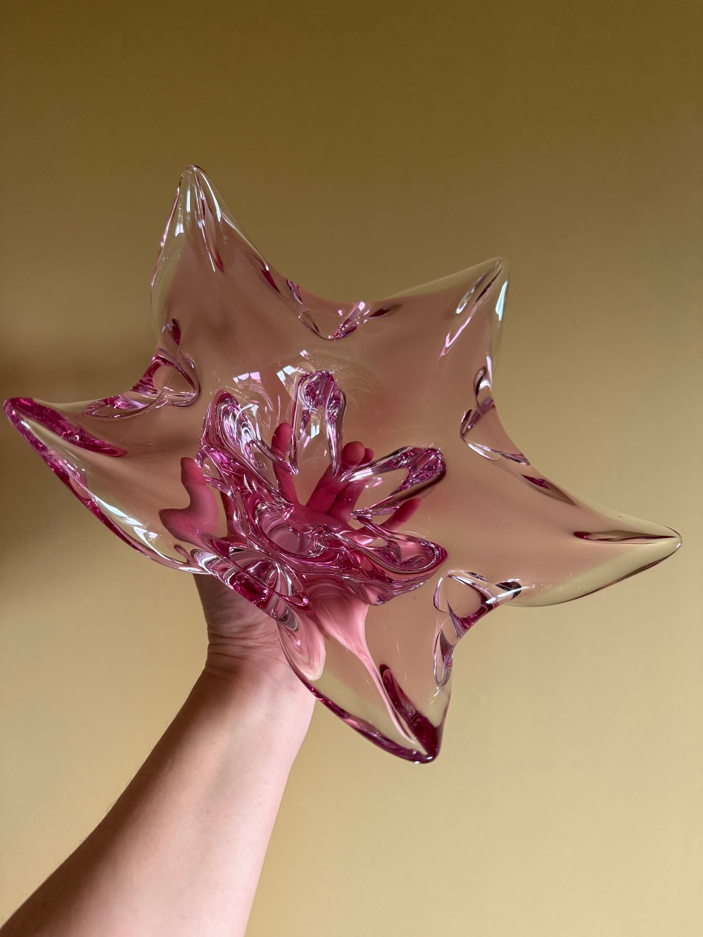 Beautiful, vintage, handmade heavy glass, pink star dish.