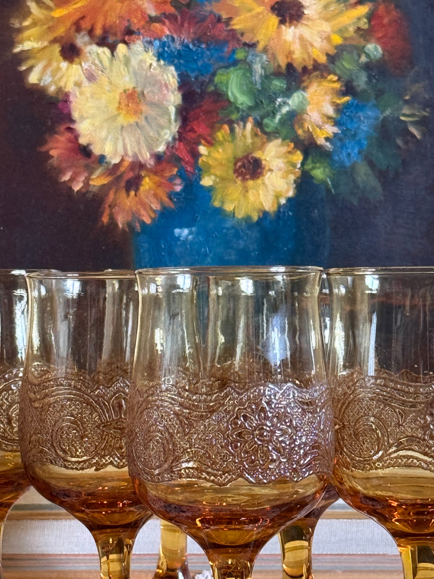 Vintage, amber, lace stemmed glasses.