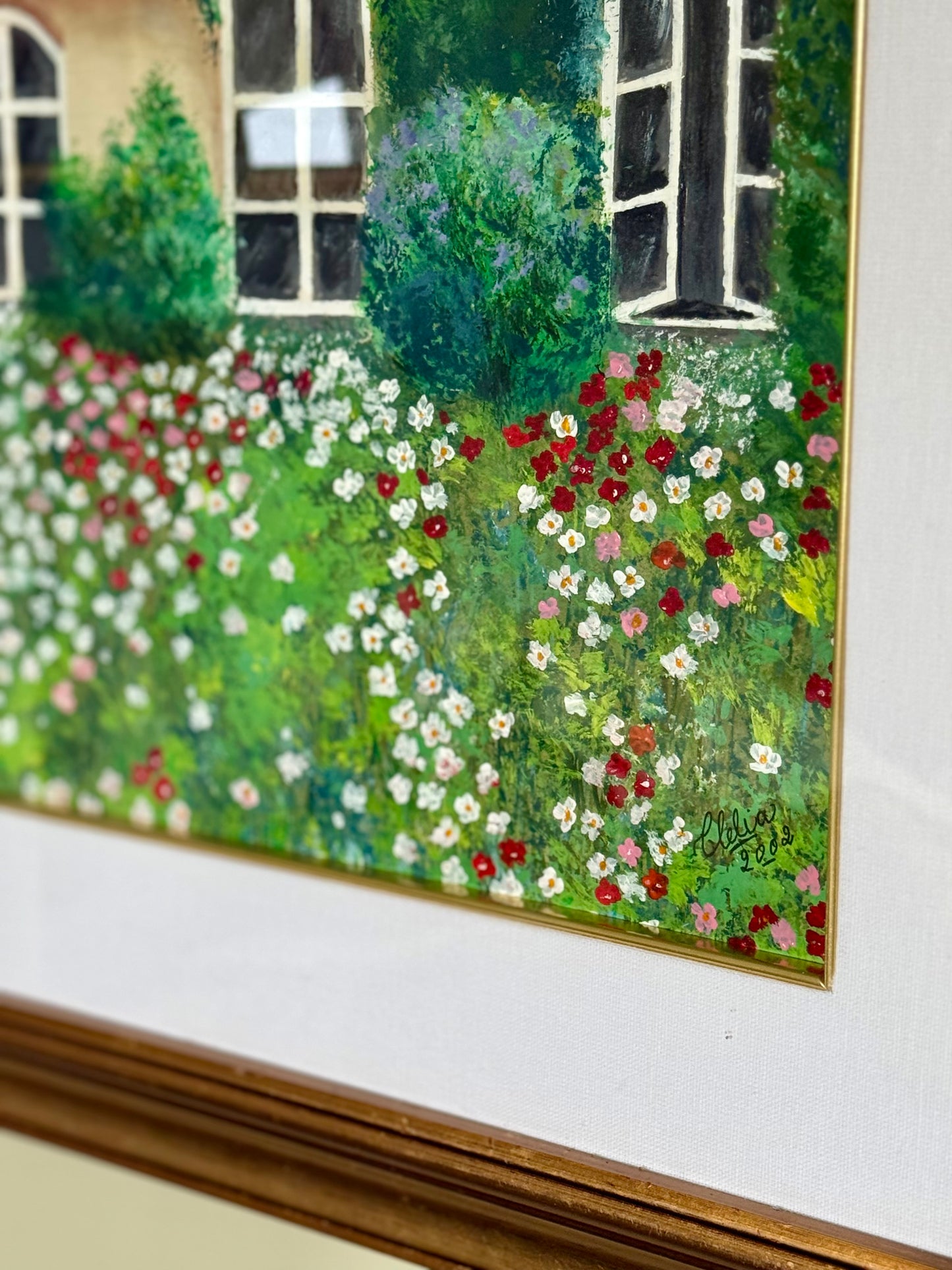 🌿 Hand-Painted Cottage Garden Artwork – Framed (Signed, 2002)