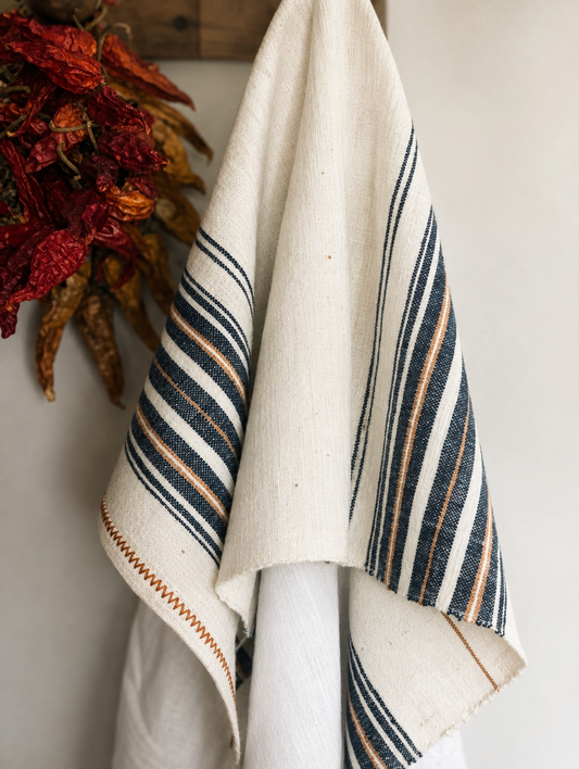 Antique handwoven cotton tea towel / kitchen cloth.