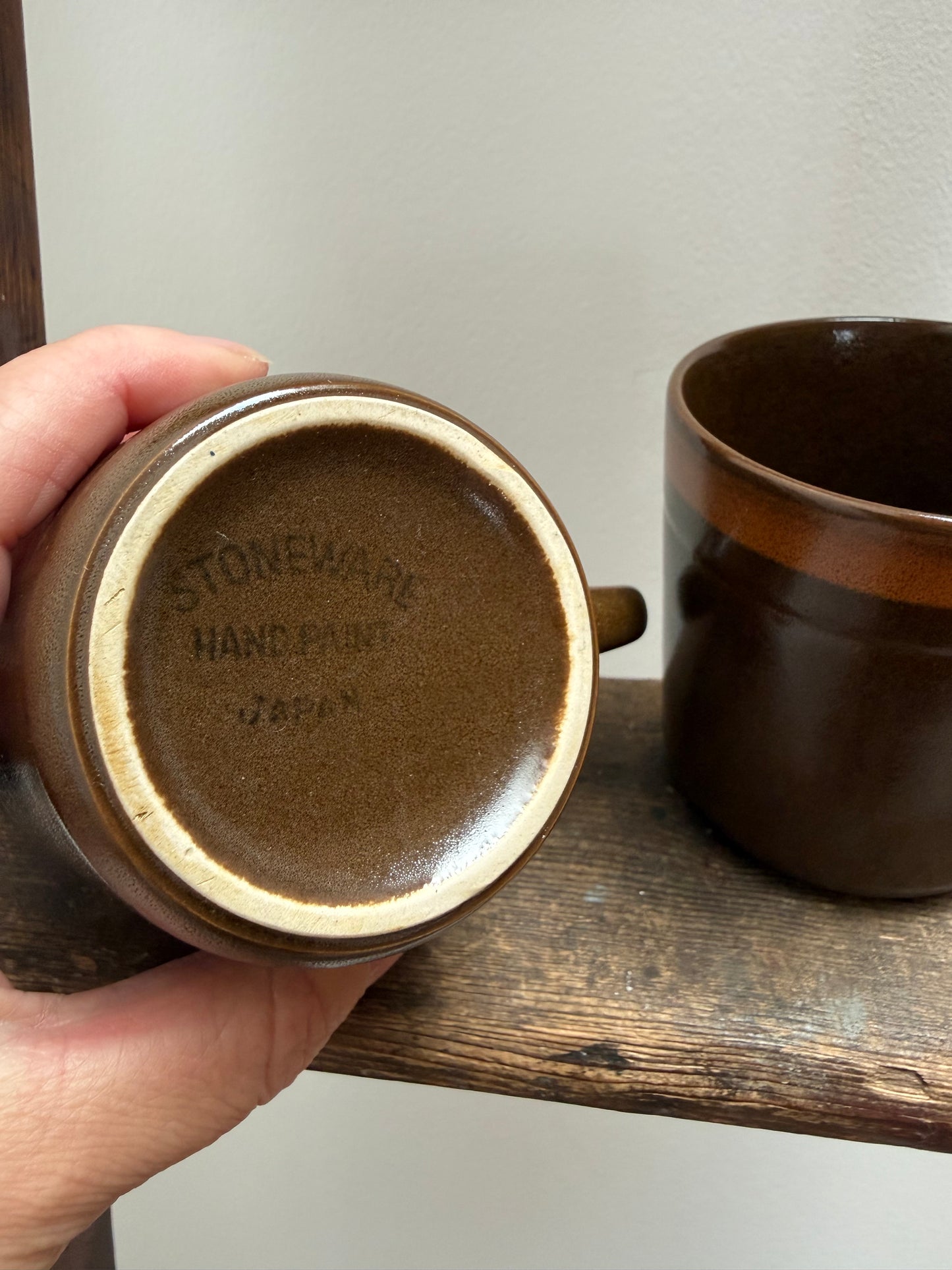 Vintage Japanese Stoneware Coffee Mug Set / Rustic Brown Ceramic Cups