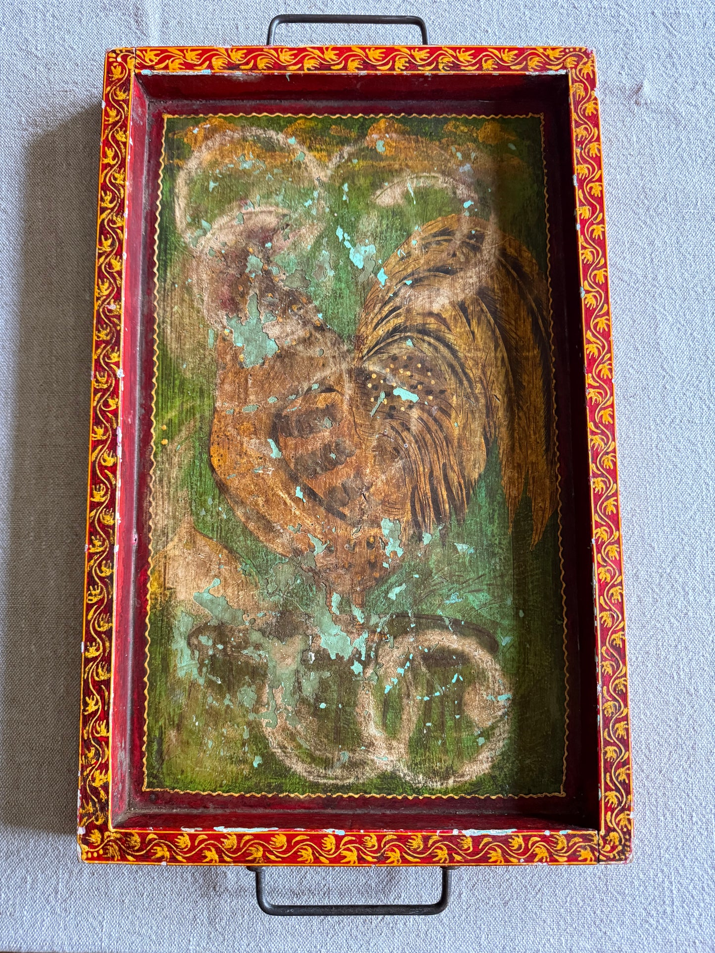 Vintage Indian Wooden Lacquer Serving Tray – Rooster Motif – 46cm