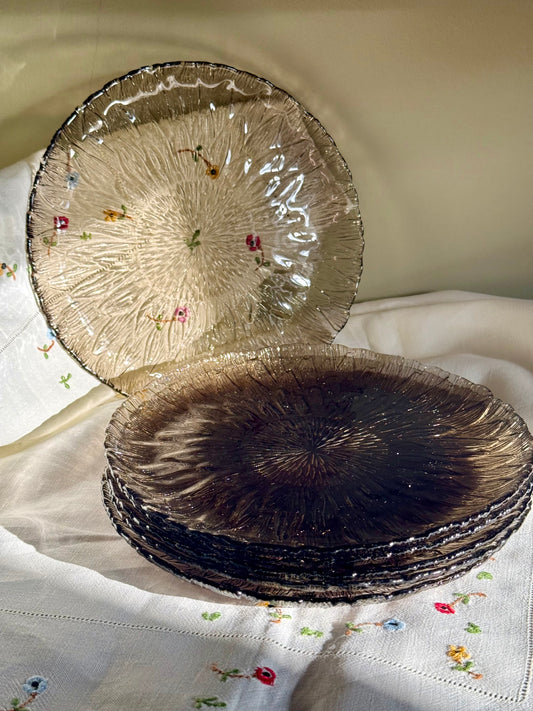 Vintage Arcopal Marguerite Smoked Glass Dessert Plates – Set of 6 with Box