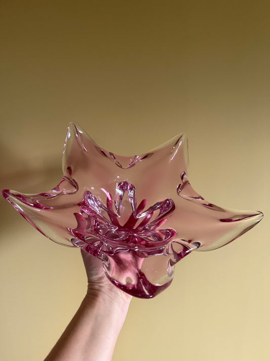 Beautiful, vintage, handmade heavy glass, pink star dish.