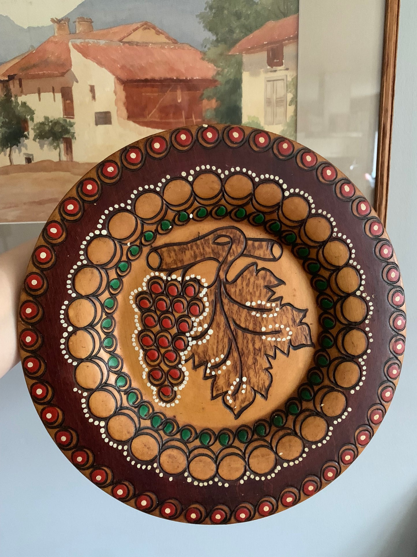 Vintage, handmade wooden wall hanging plate.