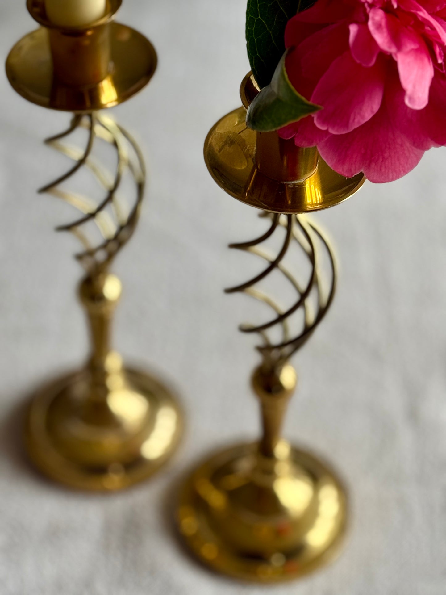 Vintage Brass Twisted Stem Candlesticks – Mid Century Sculptural Pair