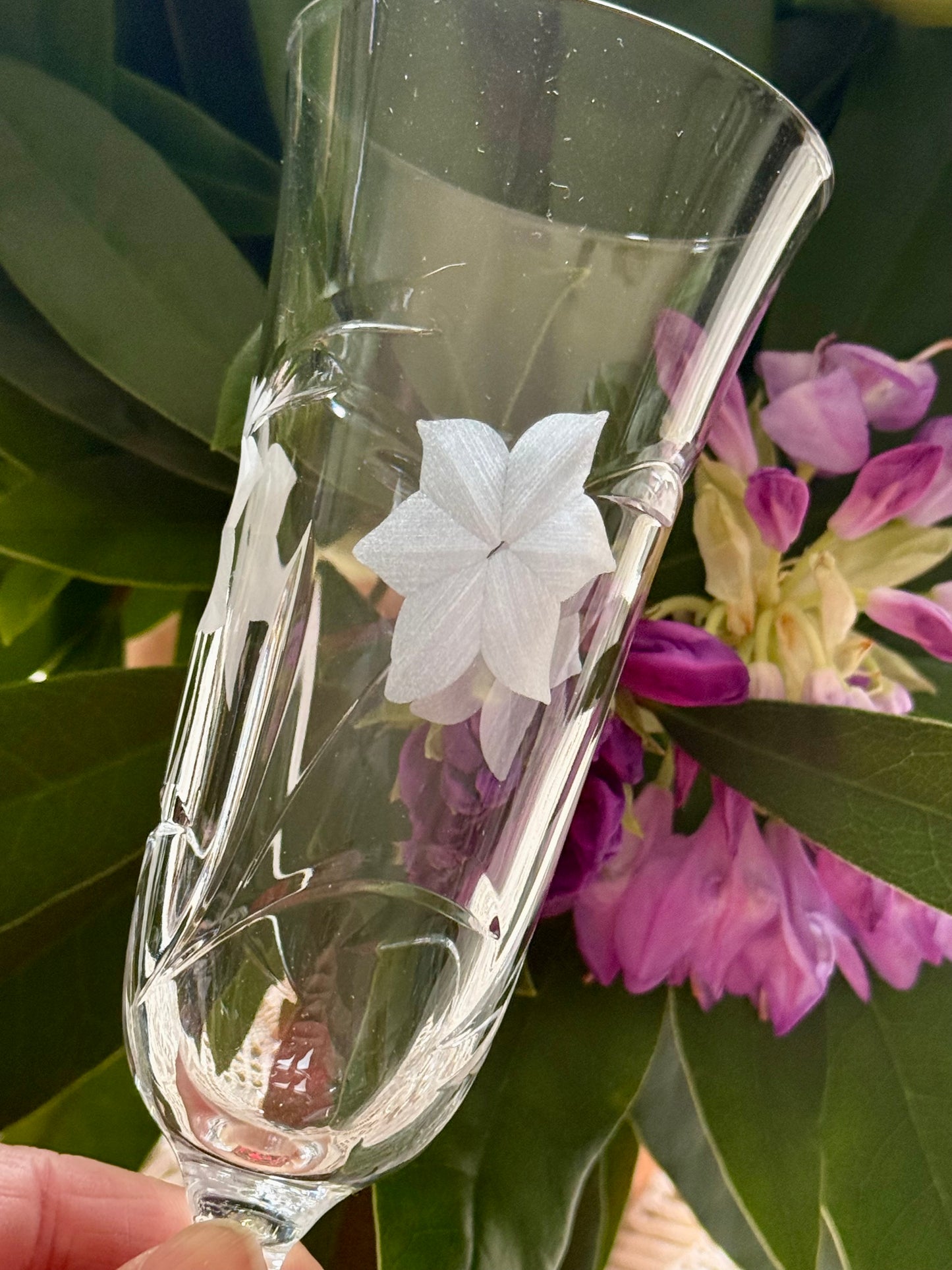 Vintage etched crystal champagne flutes – floral engraved glass set 6
