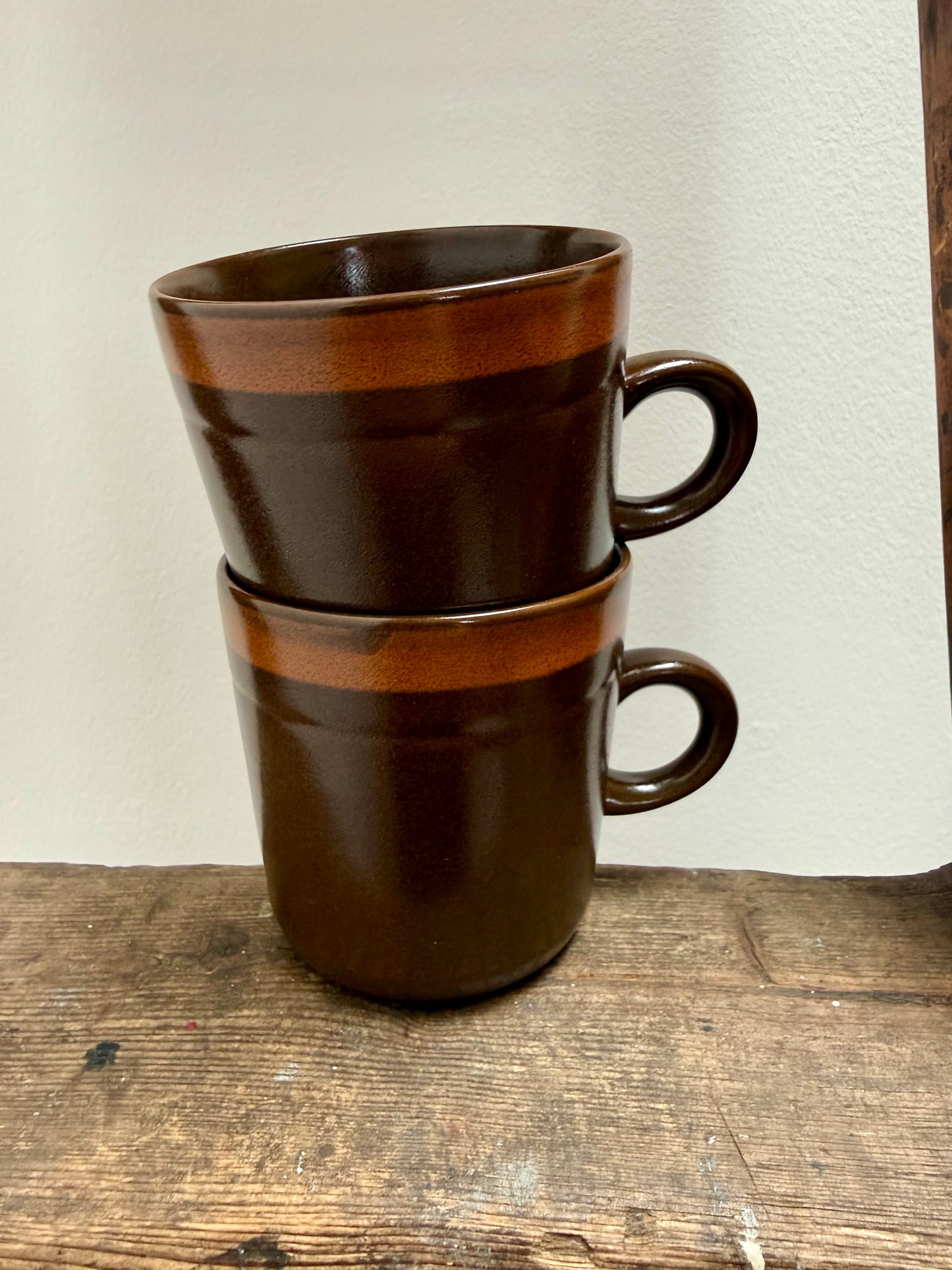 Vintage Japanese Stoneware Coffee Mug Set / Rustic Brown Ceramic Cups