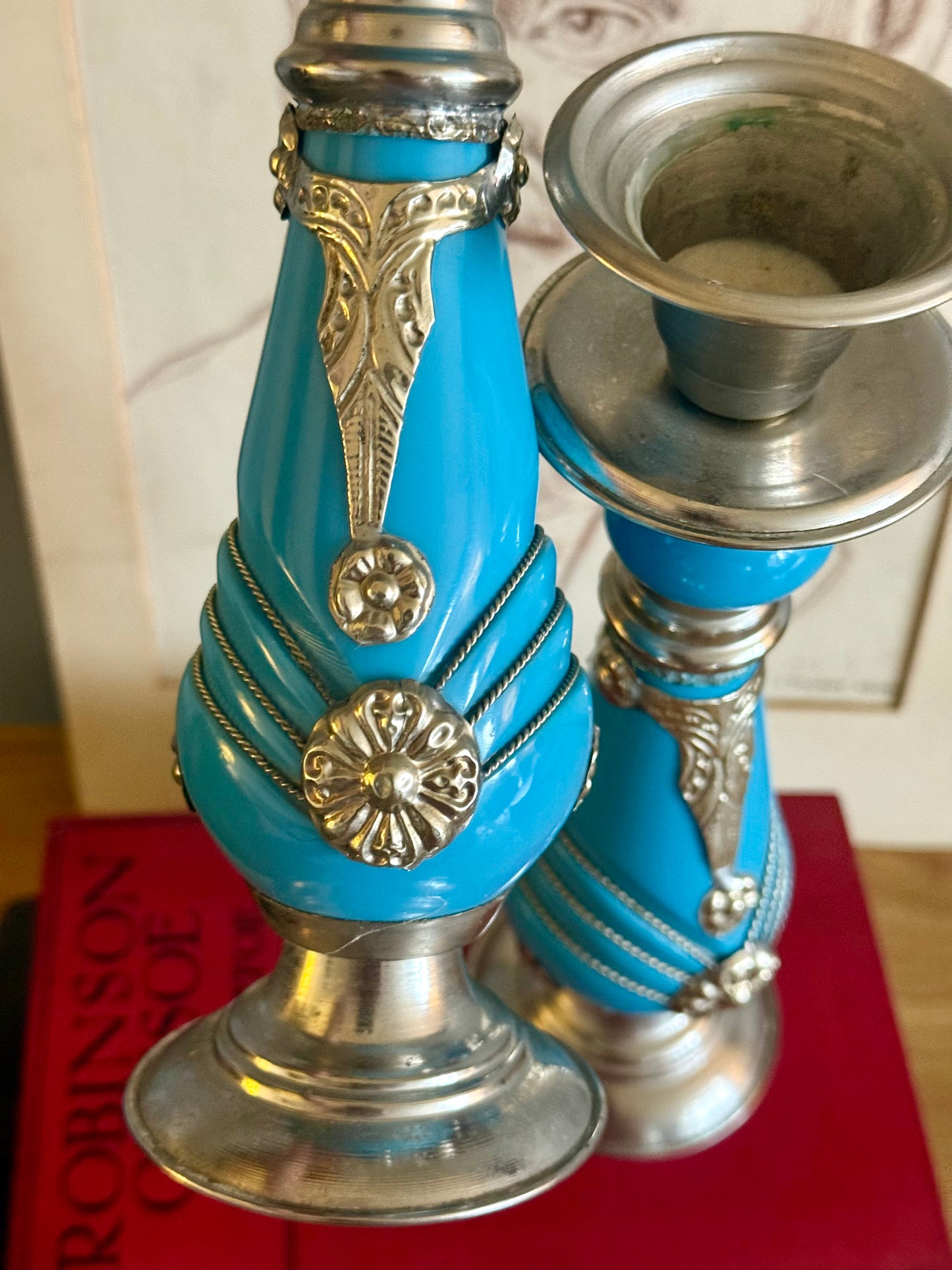 Vintage Turquoise Glass & Silver-Plated Candlesticks – Pair (Mid-Century European Design)