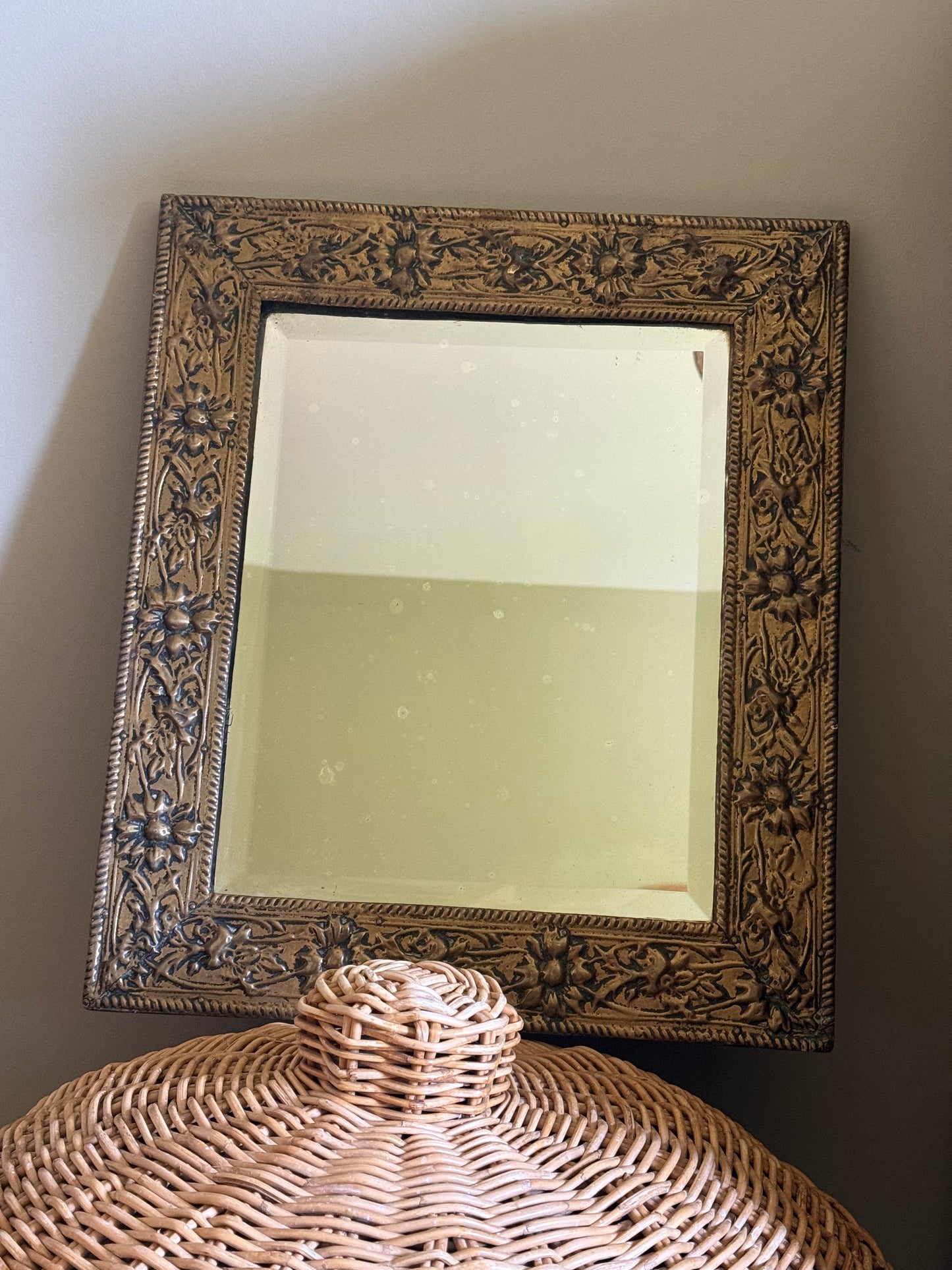 Antique Art Nouveau Brass Framed Bevelled Wall Mirror | Floral Repoussé Frame | Vintage