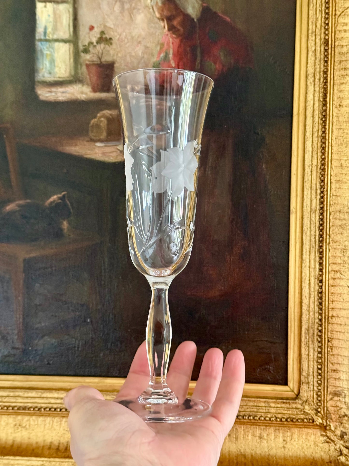 Vintage etched crystal champagne flutes – floral engraved glass set 6