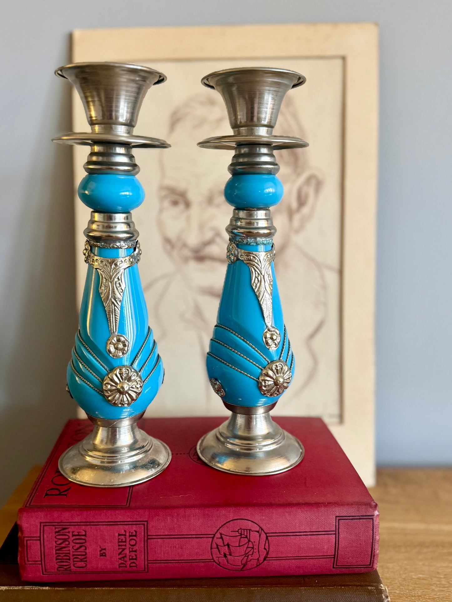 Vintage Turquoise Glass & Silver-Plated Candlesticks – Pair (Mid-Century European Design)