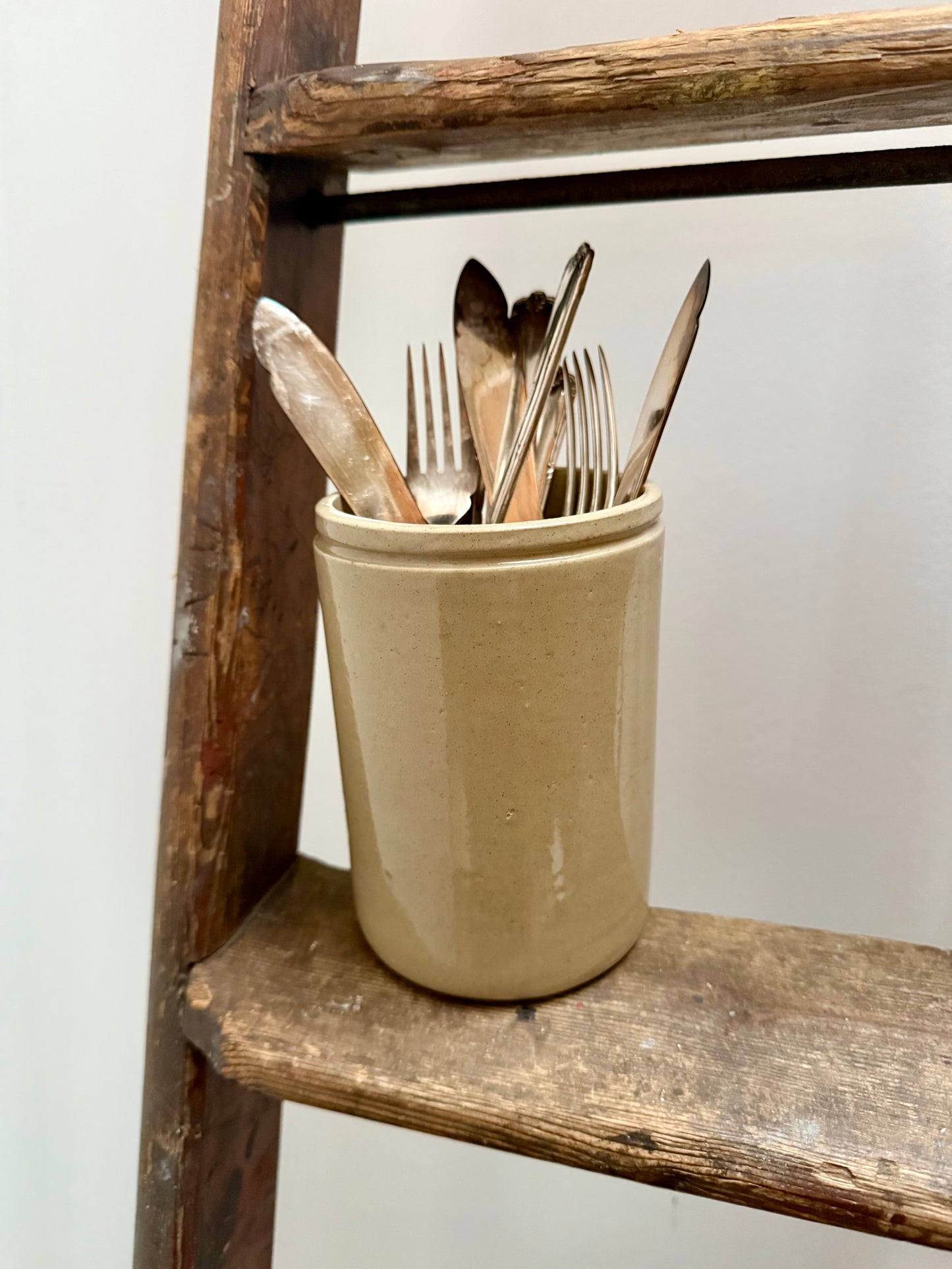 Vintage Stoneware Utensil Pot / Rustic Kitchen Crock – Mid Century
