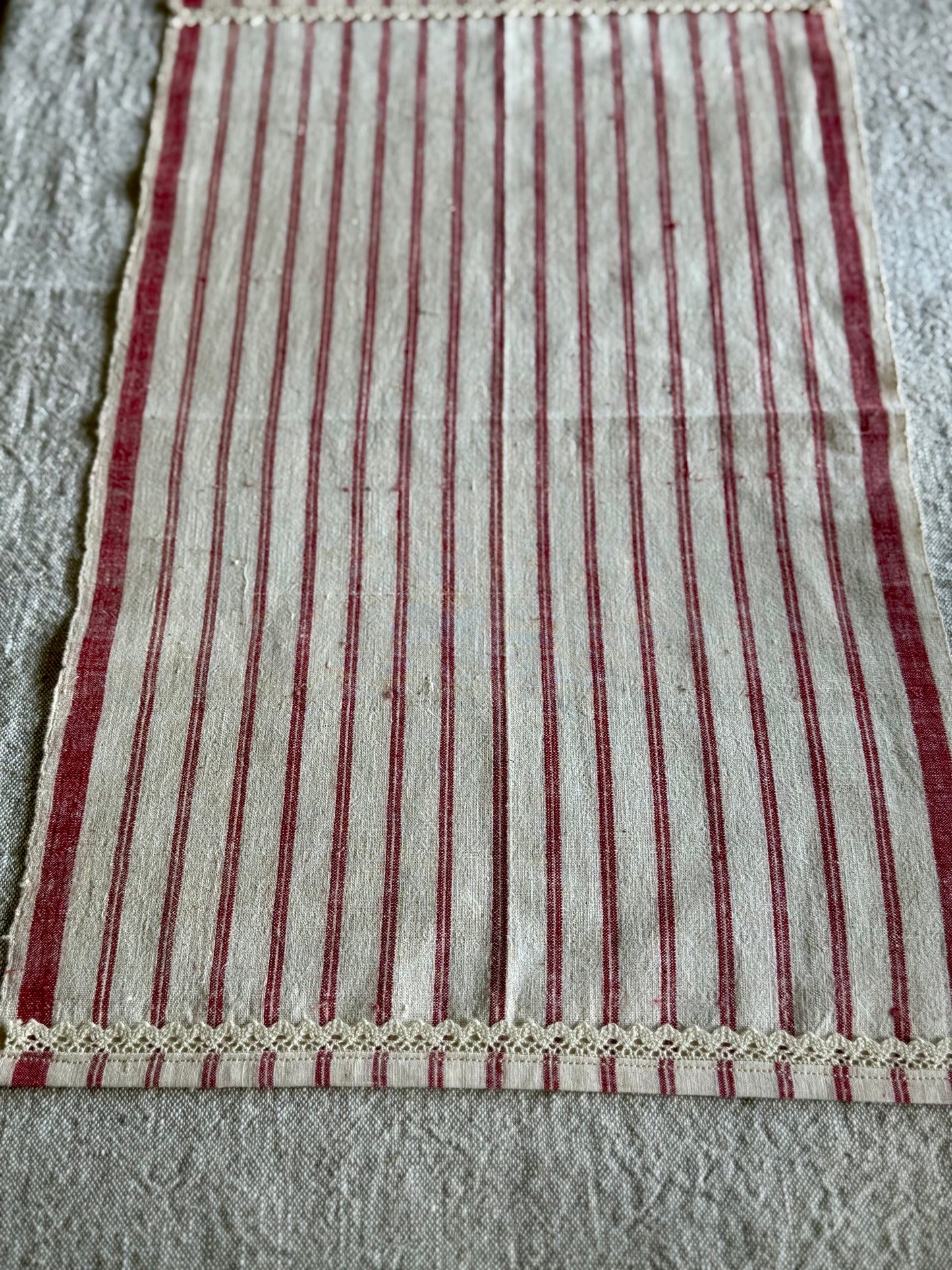 Vintage, handwoven cotton, lace trim towel.