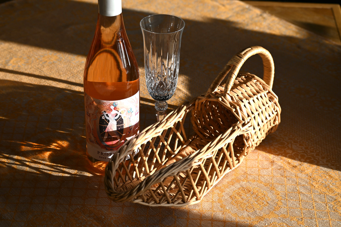 Vintage, hand made wicker wine basket.