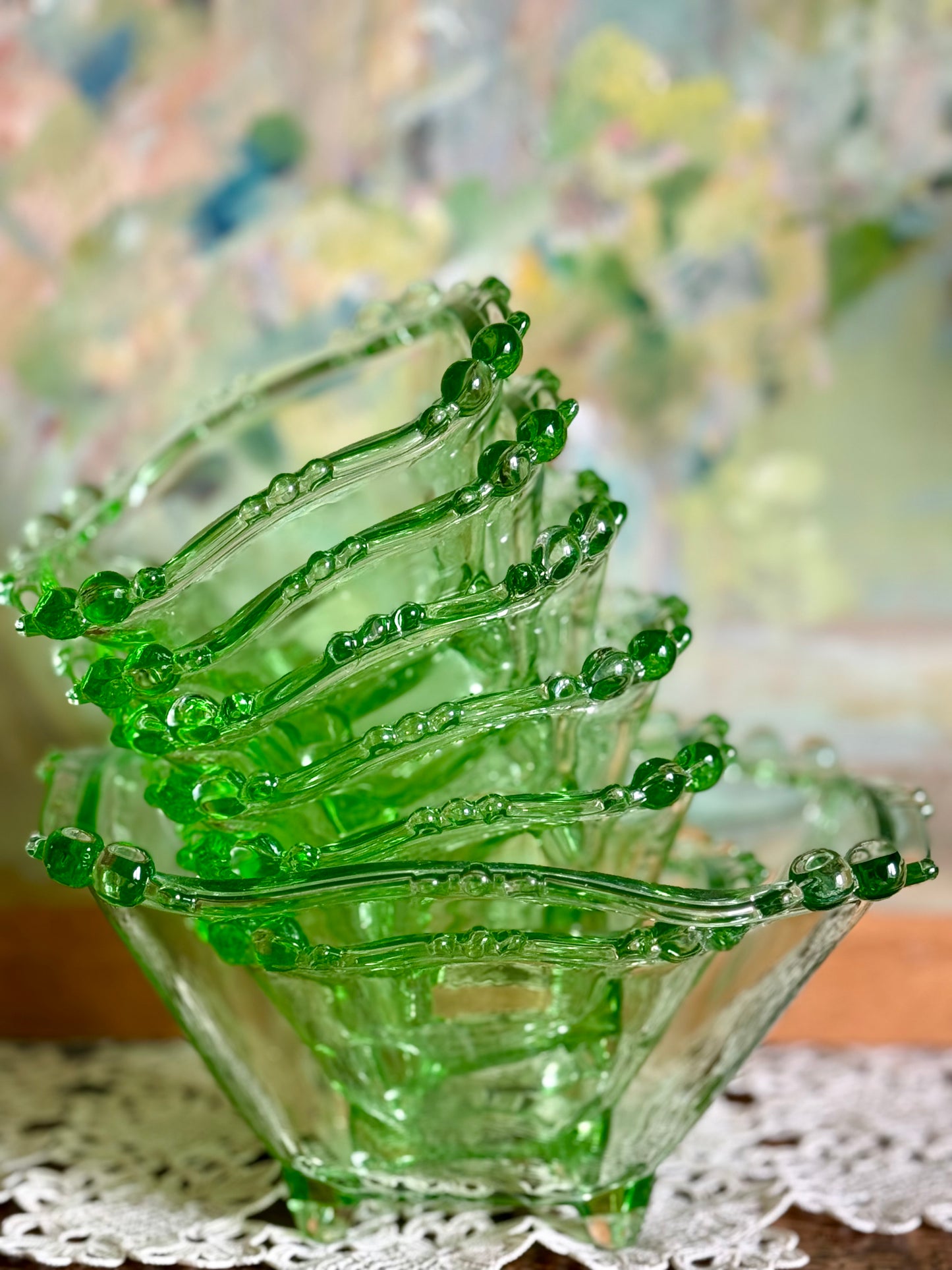 Vintage Green Art Glass Serving Set – Large Bowl + 6 Small Bowls | Hand Blown | Bohemian Style