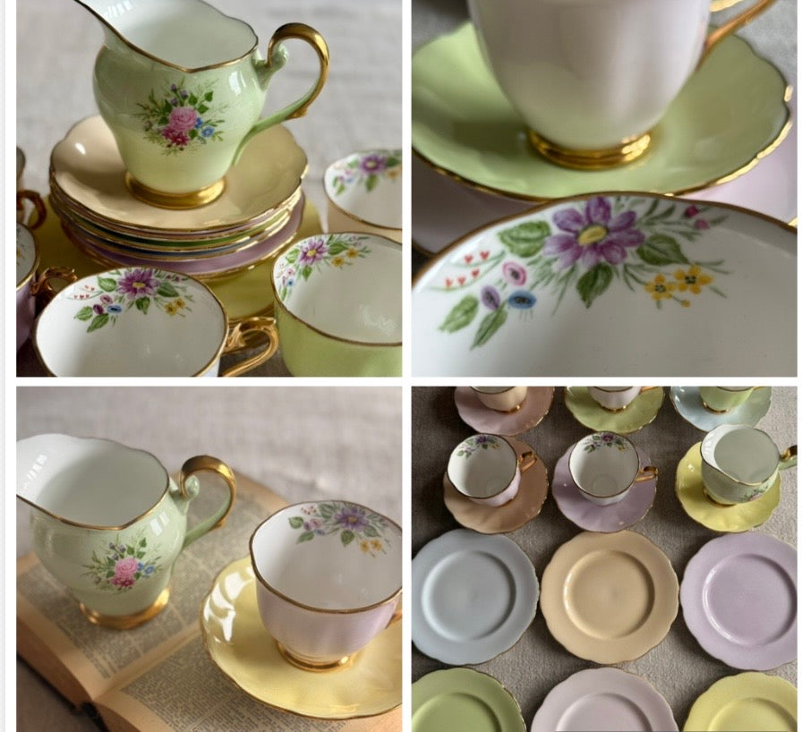 Vintage Pastel Floral Tea Set with Gilt Detail – Cups, Saucers & Milk Jug (EJD Mark)