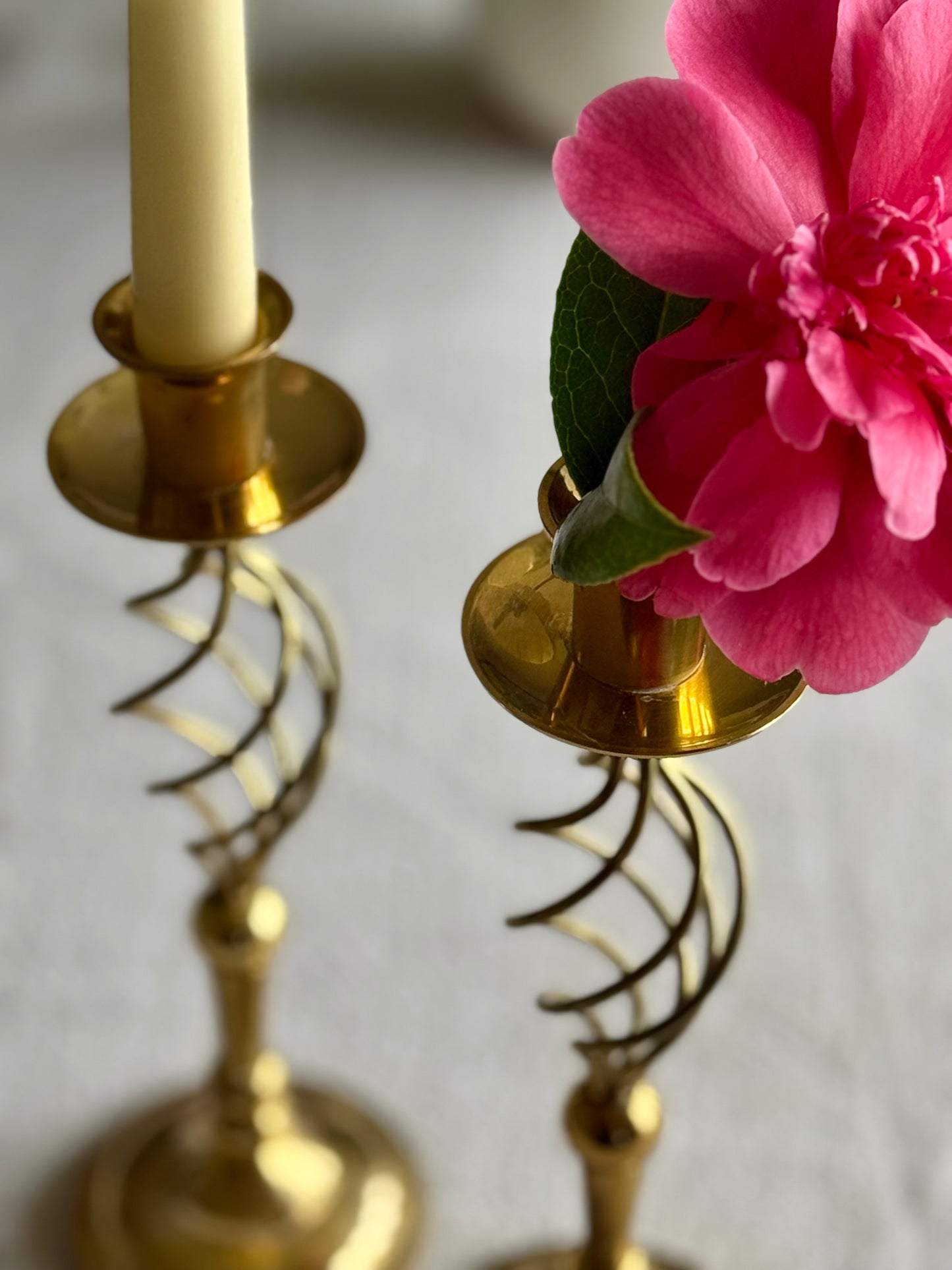 Vintage Brass Twisted Stem Candlesticks – Mid Century Sculptural Pair
